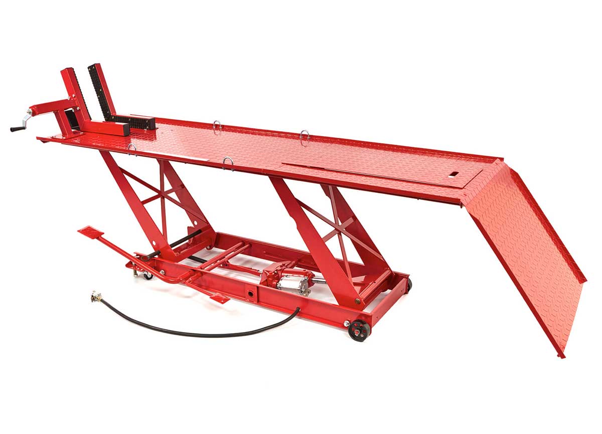 Pneumatický a hydraulický motocyklový zvedák 300, zvednutí až 450 kg, luxusní upínací háky, hmotnost 150 kg