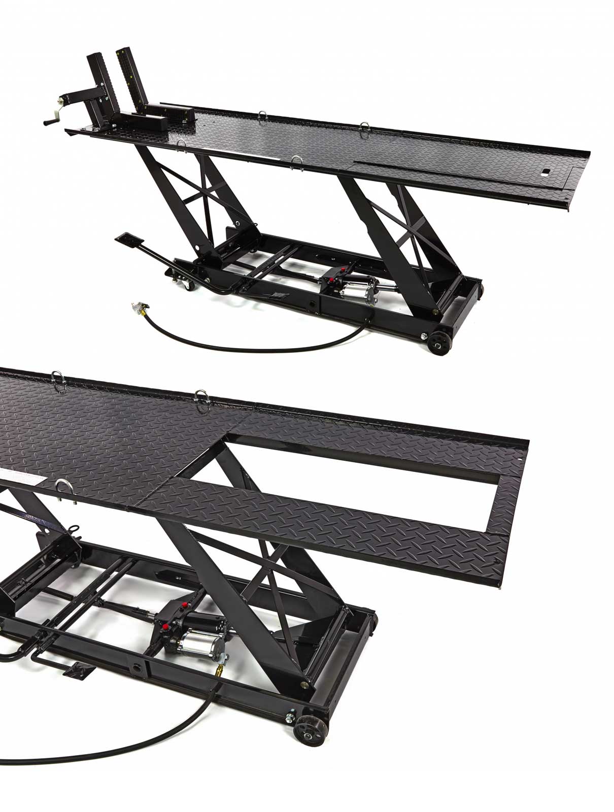 Pneumatický a hydraulický motocyklový zvedák 300, zvednutí až 450 kg, luxusní upínací háky, hmotnost 150 kg, černý