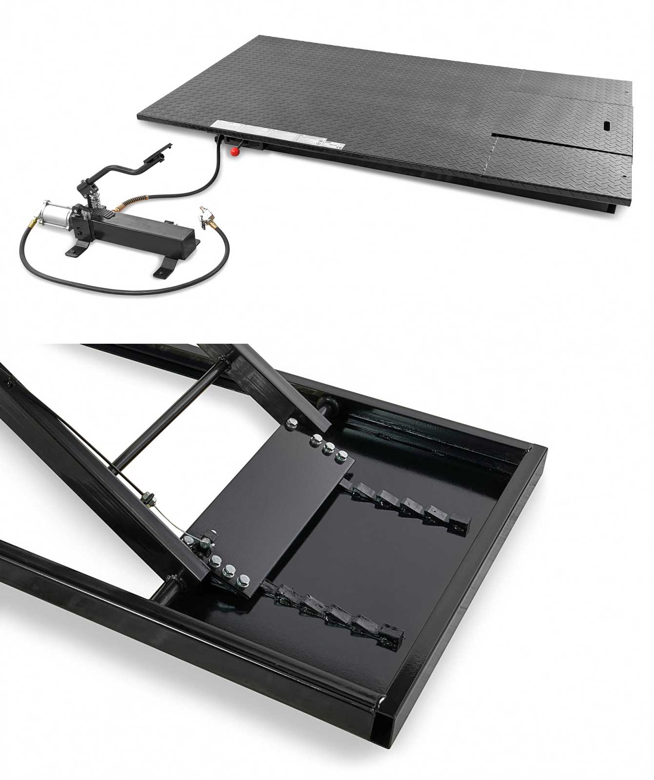 Robustní zvedák na čtyřkolky Quad 400 s hydraulicko-pneumatickým ovládáním, zvednutí až 700 kg, hmotnost 300 kg, černý