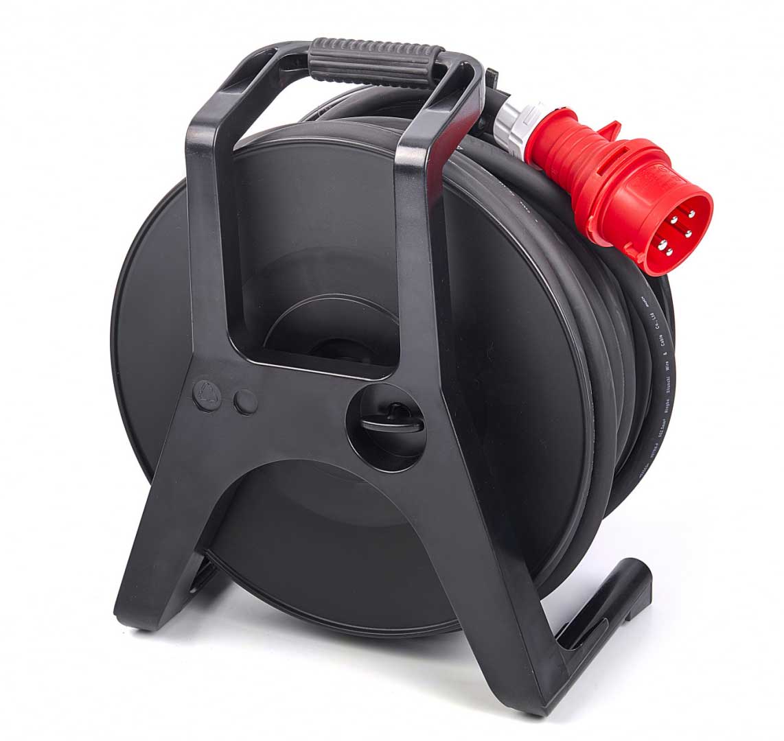 3f neoprénový prodlužovací kabel s cívkou a zásuvkami, vstup 380 V,  výstup 380V a 230V,  5 x 2.5 mm, délka 25 m