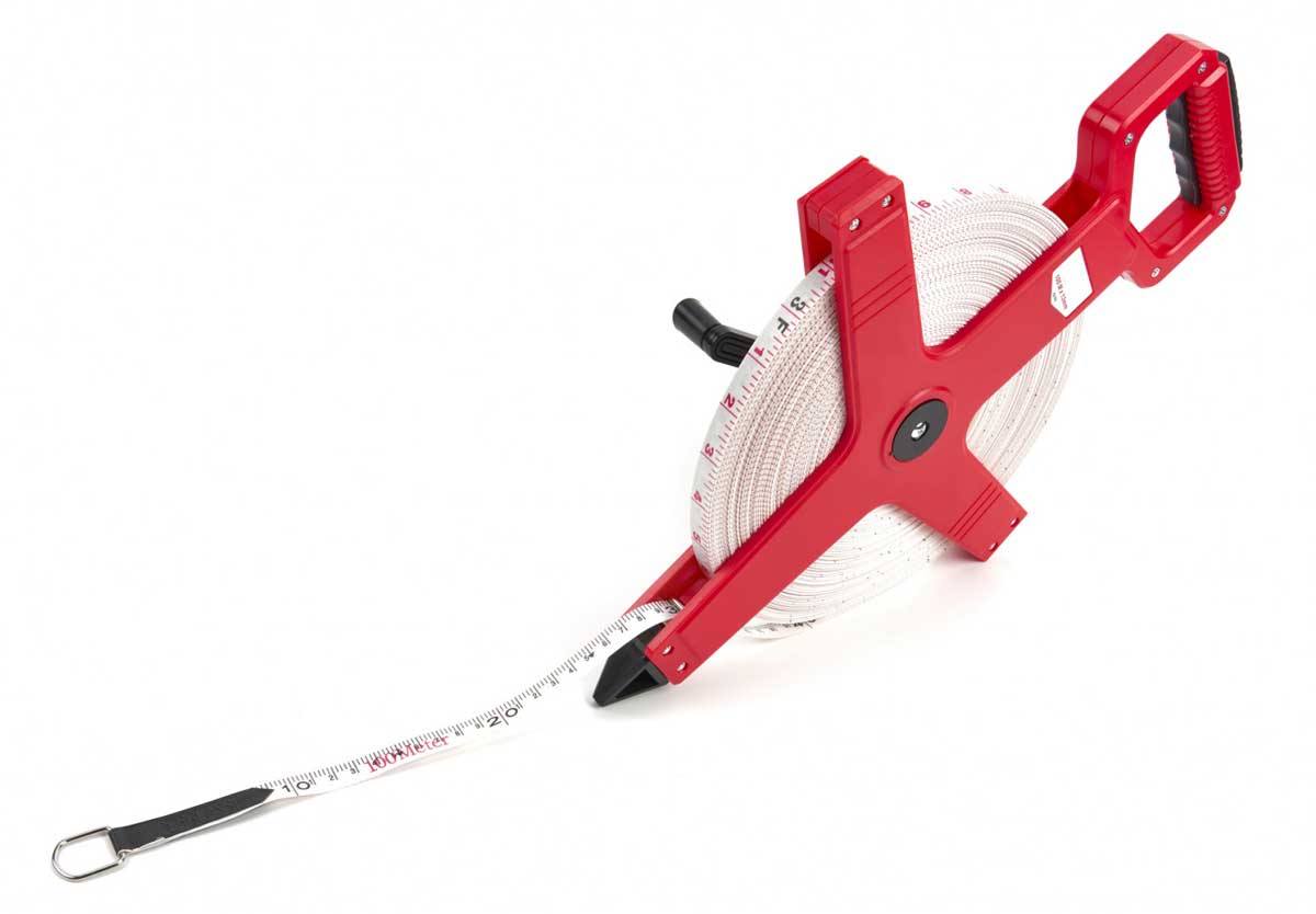 Svinovací měřicí pásmo vyztužené skleněnými vlákny, 100 m x 13 mm, svinovací metr, vhodné pro geodety