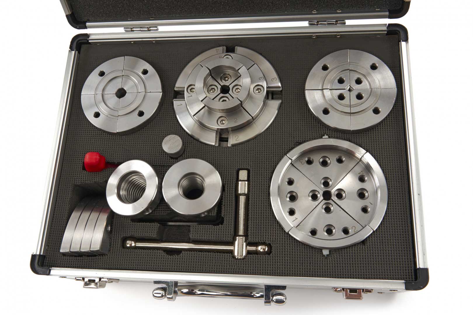 Samocentrovací sklíčidlo 95 mm pro soustruh na dřevo, s adaptéry a příslušenstvím - kompletní sada