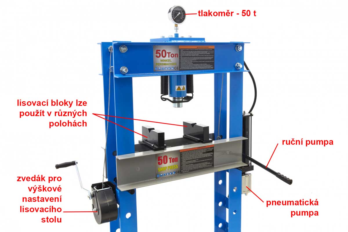 HBM 50t rámový dílenský hydraulický a pneumatický lis, 255 kg