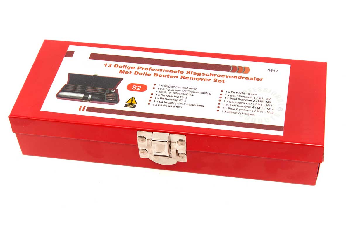 Šroubovák úderový rázový 1/2" v plechovém boxu, s nástavci na vytahování šroubů, sada 13 dílů