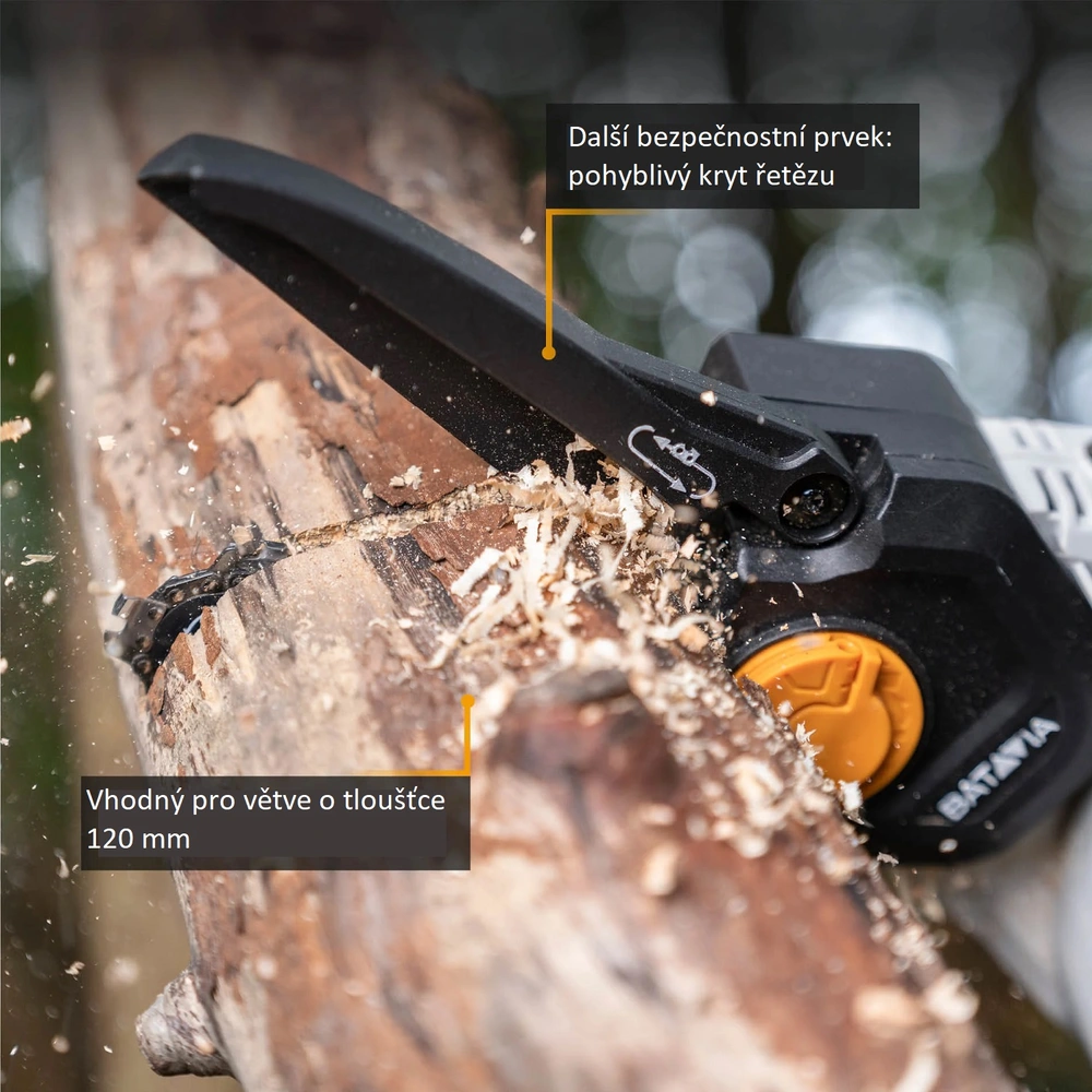 AKU elektrická řetězová pila, jednoruční AKU pilka na větve 18V Li-Ion, délka lišty 154mm, hloubka řezu 120mm, bez baterie a nabíječky, bateriová platforma MAXXPACK, NEXXSAW V3.1 BATAVIA