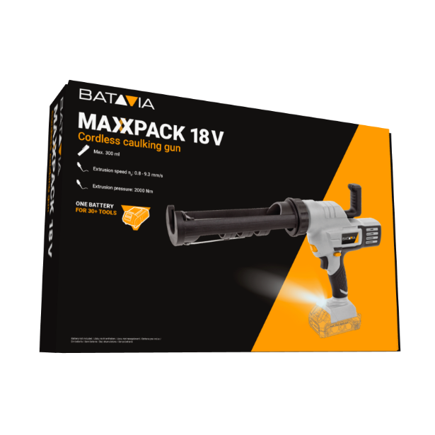 AKU vytlačovací pistole, spárová, tmelící pistole, 18V Li-Ion, vytlačovací síla 2000 Nm, na 300 ml kartuše, bez baterie a nabíječky, bateriová platforma MAXXPACK BATAVIA