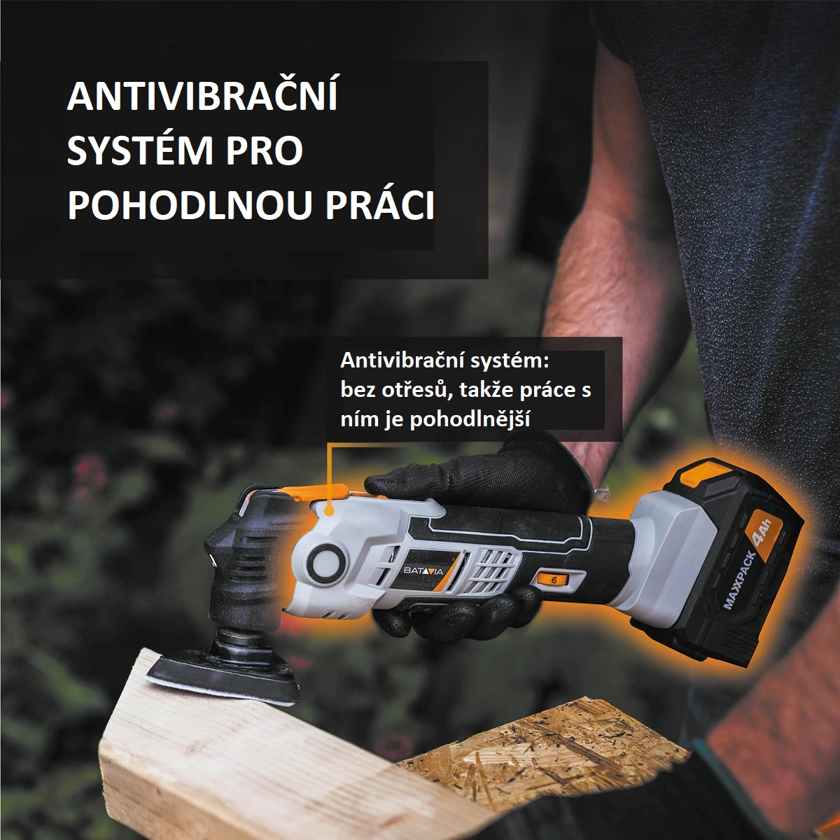 Aku Multitool, bezdrátový univerzální, mulifunkční, oscilační nástroj s potlačením hluku i vibrací, 5000 - 18000 ot./min., 18V Li-Ion, bez baterie a nabíječky, bateriová platforma MAXXPACK BATAVIA