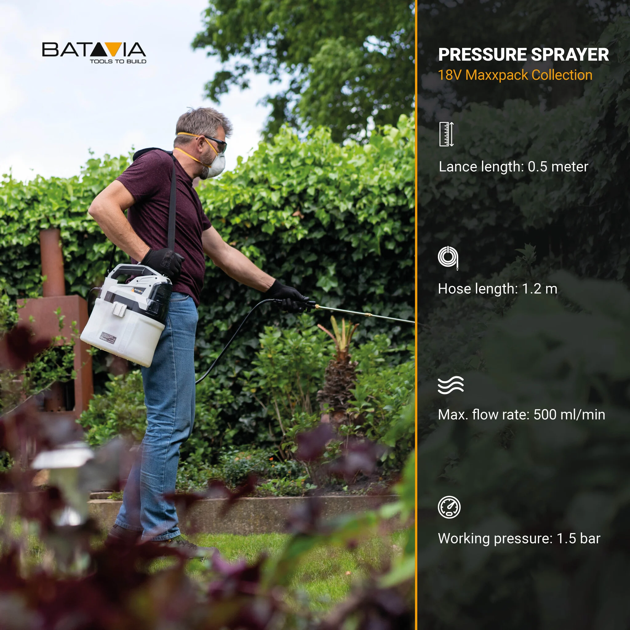 Aku bezdrátový tlakový postřikovač, 18V Li-Ion, zásobník 7,5l, 1,5bar, 500ml/min, bez baterie a nabíječky, bateriová platforma MAXXPACK BATAVIA