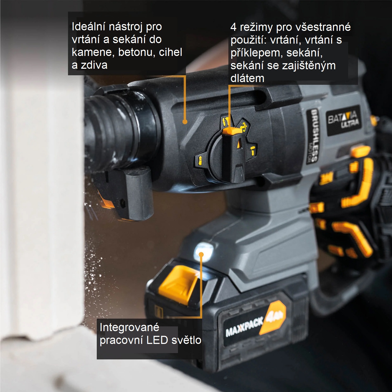 Aku bezdrátové, vrtací kladivo, bezuhlíkový motor, SDS+, 18V Li-Ion, energie 2,2J, 5500 úderů za minutu, bez baterie a nabíječky, bateriová platforma MAXXPACK BATAVIA