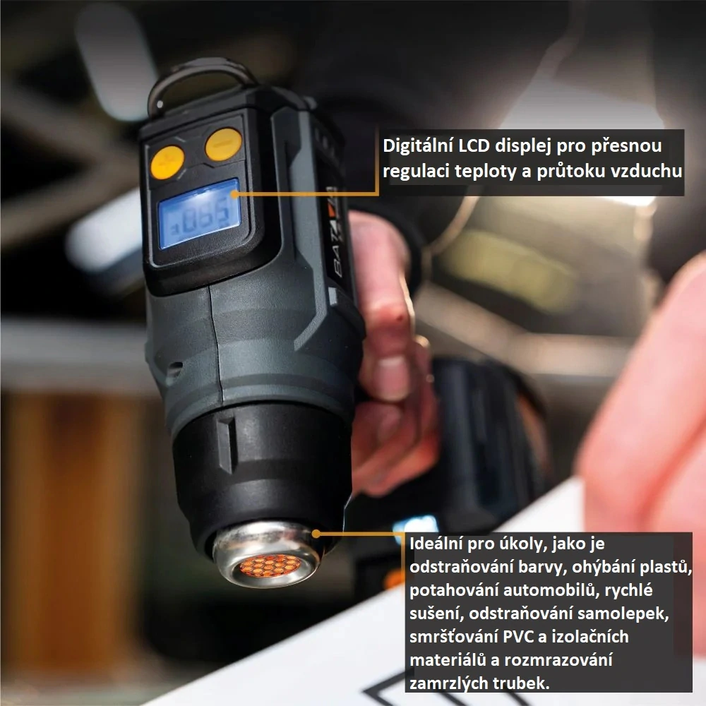Aku bezdrátová horkovzdušná pistole, s digitálním LCD displejem, teplota 30°C - 550°C, 120 - 200 l./min., 18V Li-Ion, bez baterie a nabíječky, bateriová platforma MAXXPACK BATAVIA