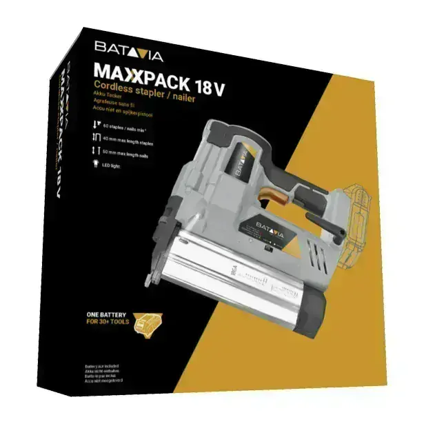 Aku bezdrátová univerzální sponkovačka, sešívačka, hřebíkovačka, nastřelovačka, tacker, 18V Li-Ion, 60ks./min., bez baterie a nabíječky, bateriová platforma MAXXPACK ULTRA BATAVIA