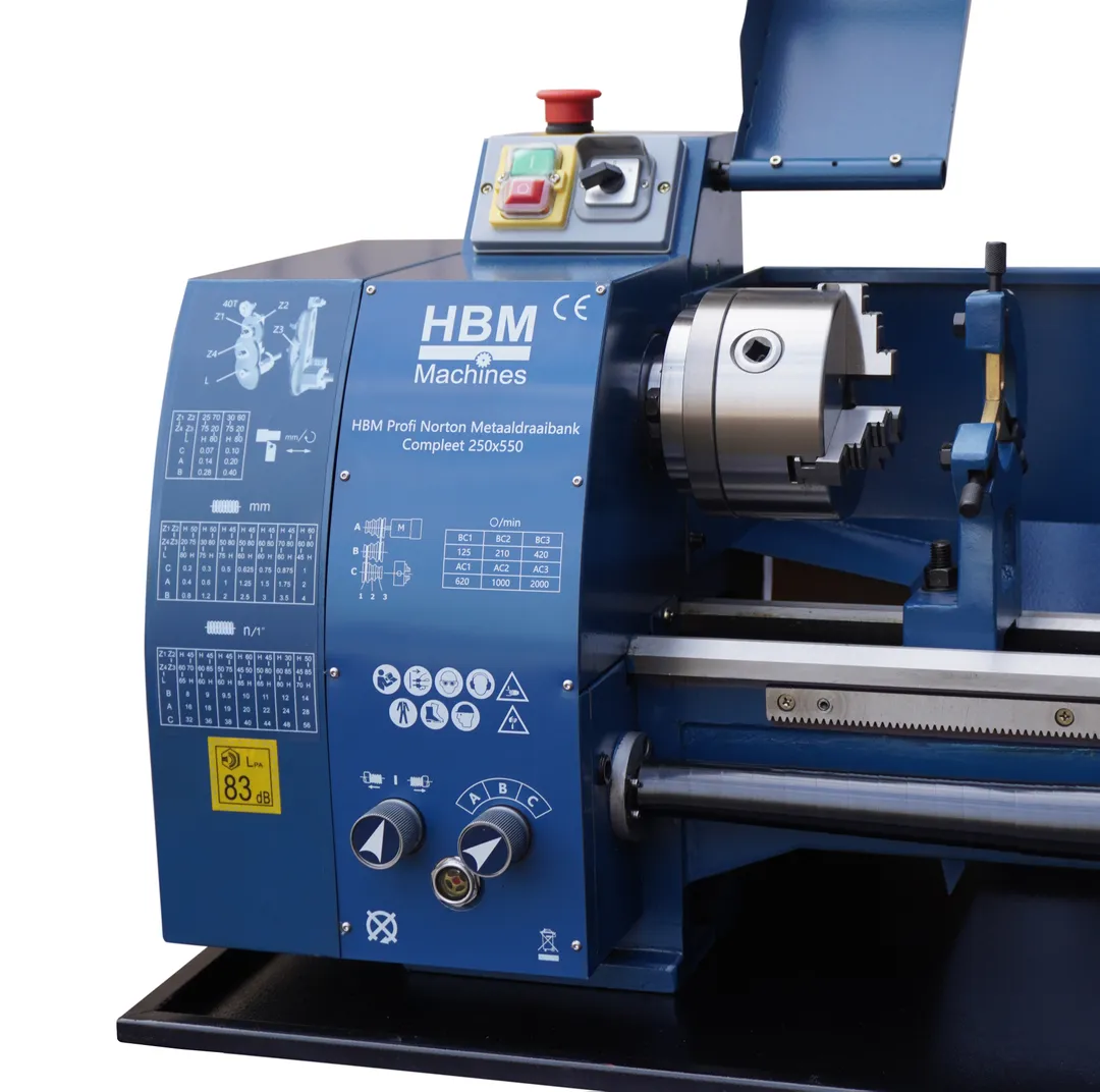 HBM 250 x 550, hrotový soustruh na kov, řemenový pohon, převodovka posuvů norton, plně vybavený, 1f, 750 W, 140 kg