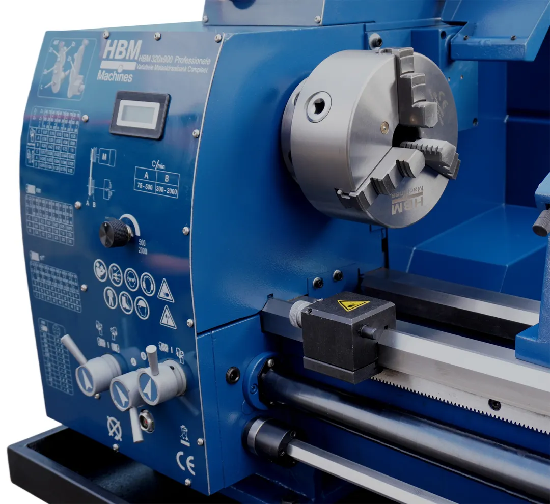 HBM 320 x 900 Vario, hrotový soustruh na kov s podstavcem, vario otáčky řízené invertorem, převodovka posuvů, plně vybavený, 1.5 kW, 1f
