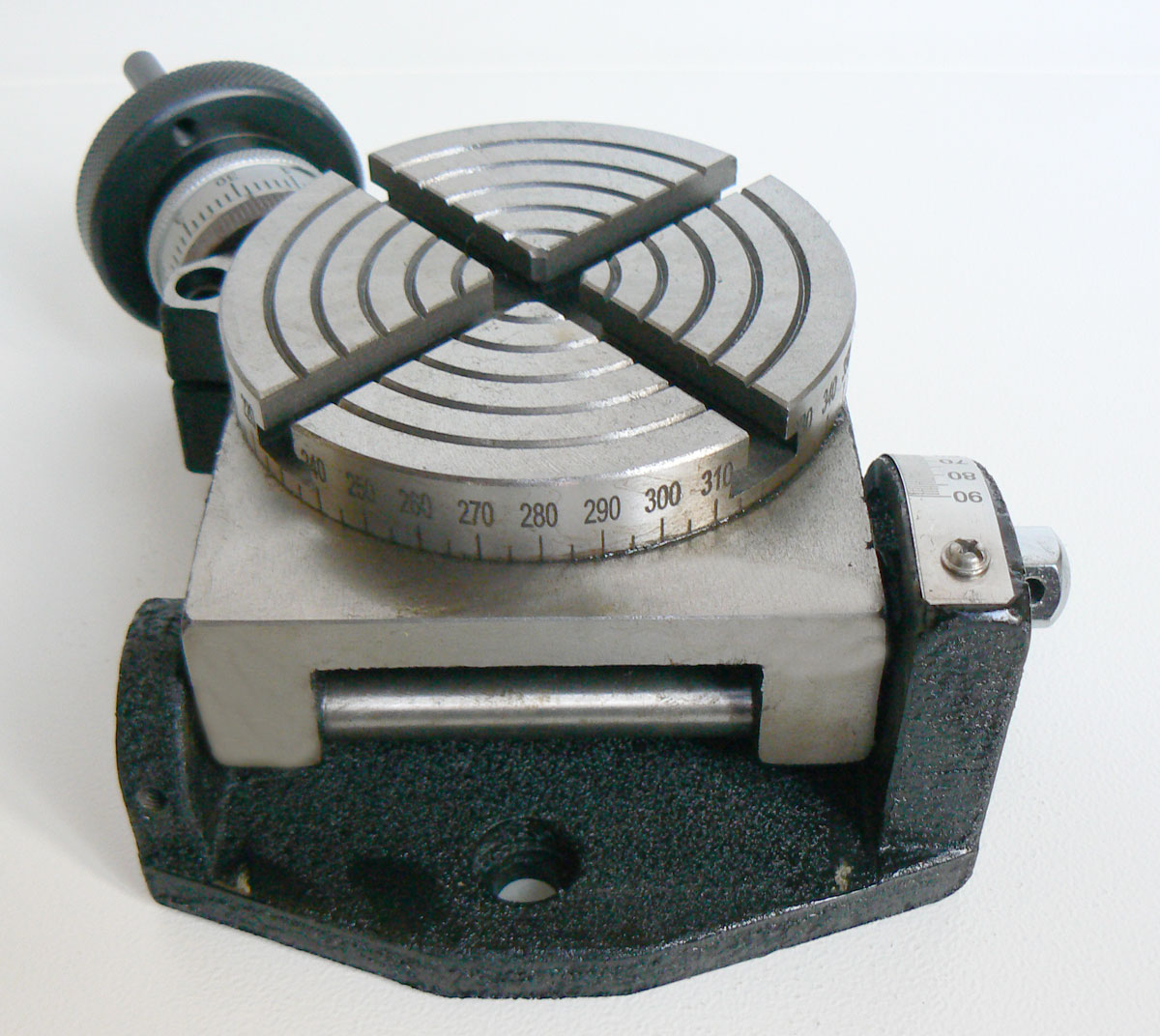 Horizontální a vertikální výklopný otočný stůl, 100 mm, 4 T-drážky, Warco