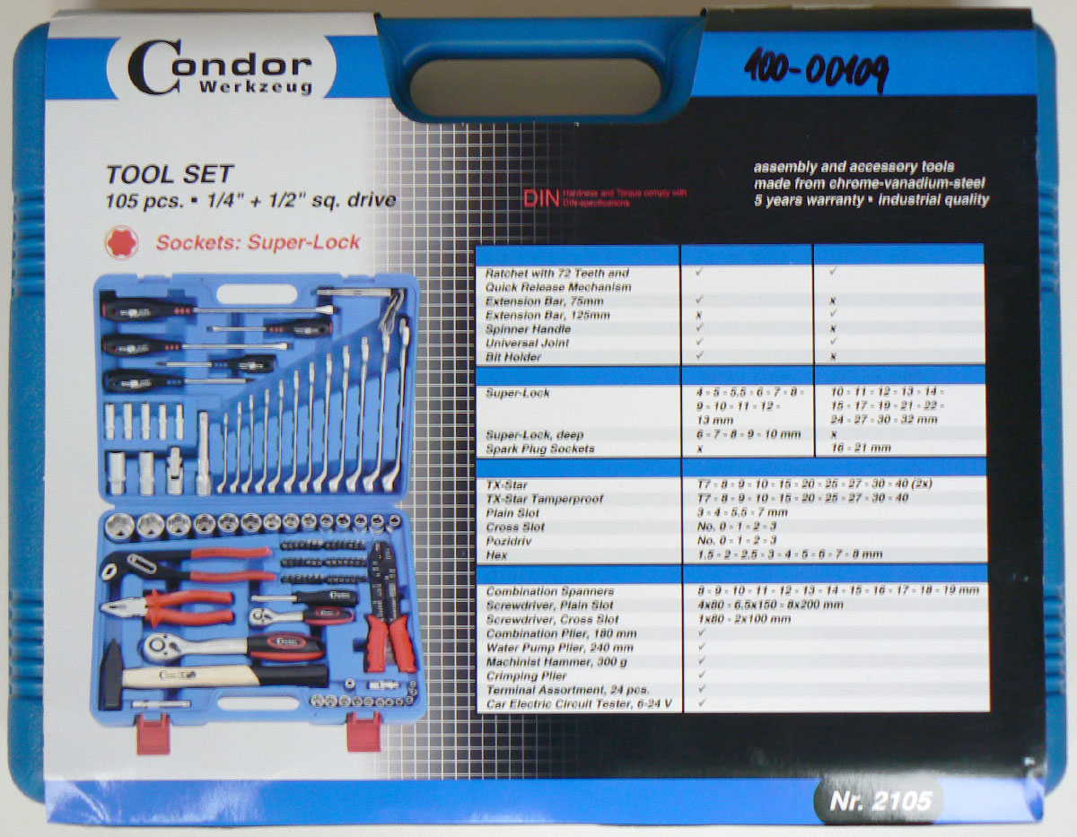 Sada nářadí v kufru, 1/4" + 1/2", Super-Lock 4- 32 mm, 105 dílů, Condor Werkzeug