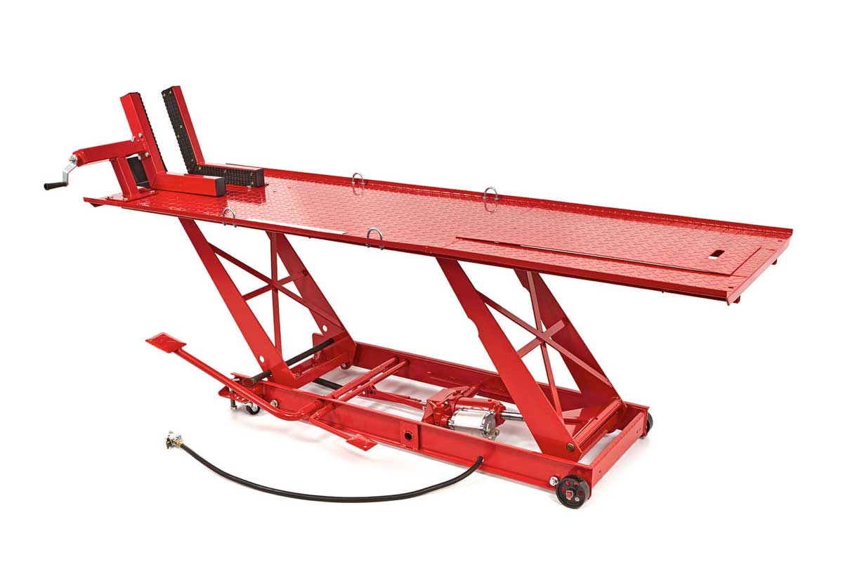 Pneumatický a hydraulický motocyklový zvedák 300, zvednutí až 450 kg, luxusní upínací háky, hmotnost 150 kg