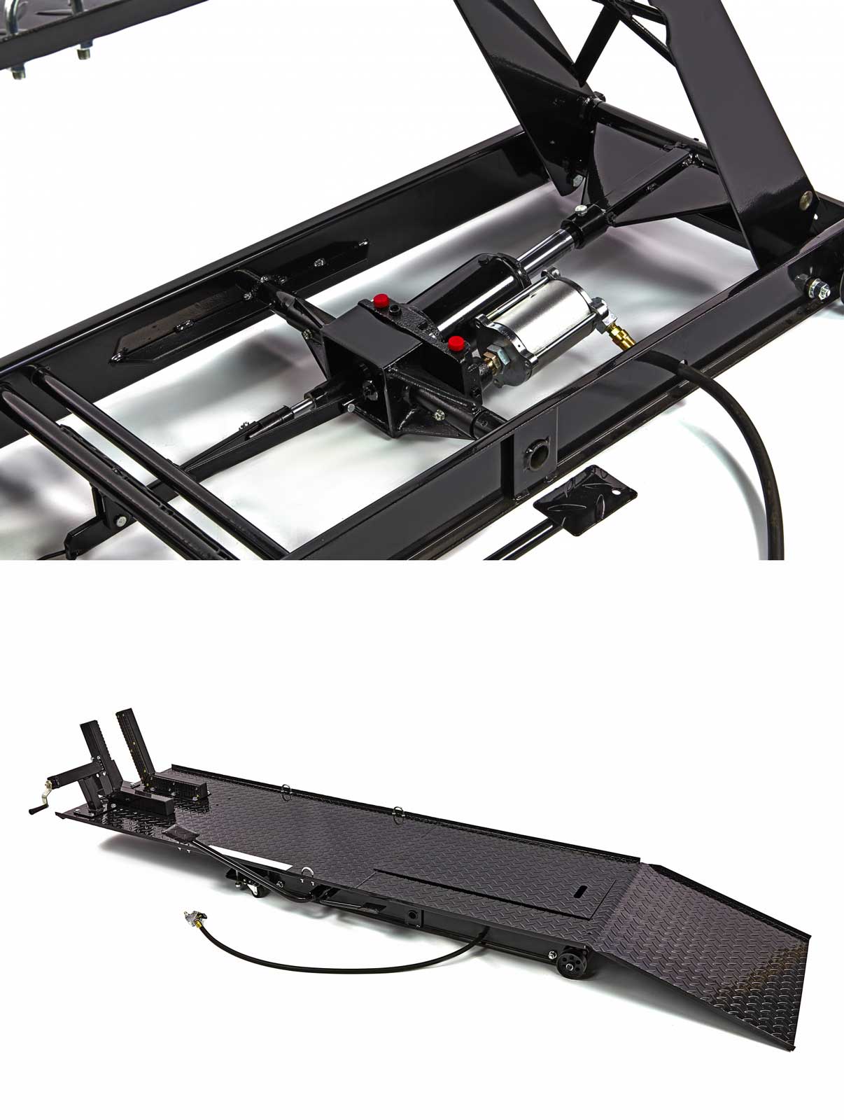 Pneumatický a hydraulický motocyklový zvedák 300, zvednutí až 450 kg, luxusní upínací háky, hmotnost 150 kg, černý