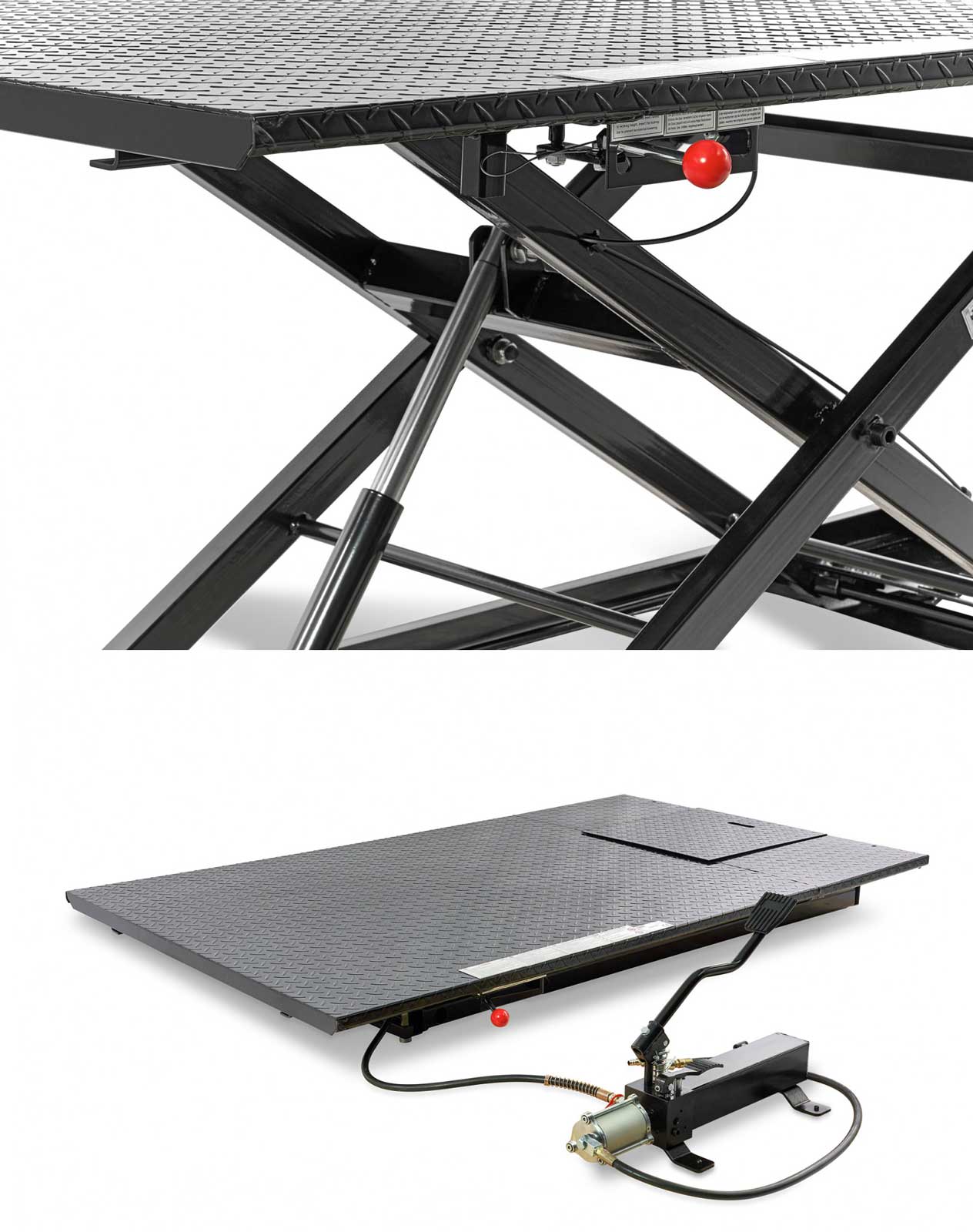 Robustní zvedák na čtyřkolky Quad 400 s hydraulicko-pneumatickým ovládáním, zvednutí až 700 kg, hmotnost 300 kg, černý