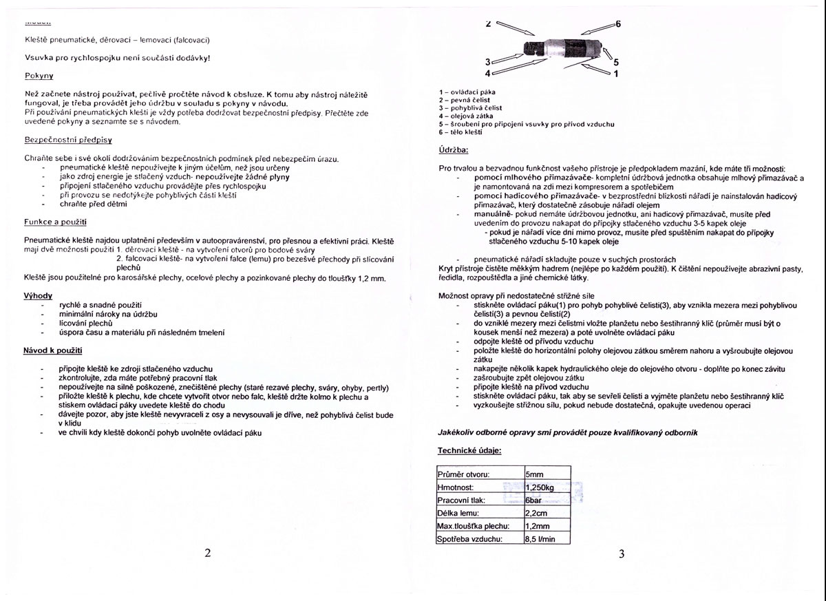 Kleště pneumatické falcovací, děrovací, Triumf