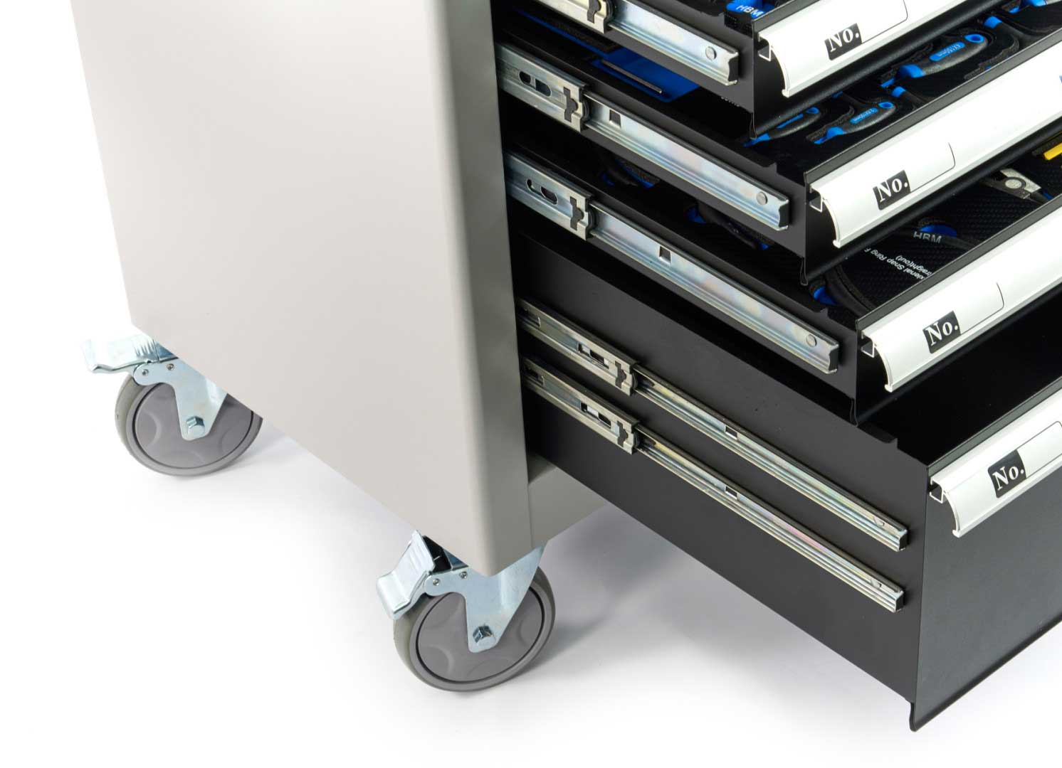 Pojízdný vozík s nářadím - Premium, 262 dílů, bržděná kolečka, skříňka, nářadí v karbonových vložkách, 75 kg