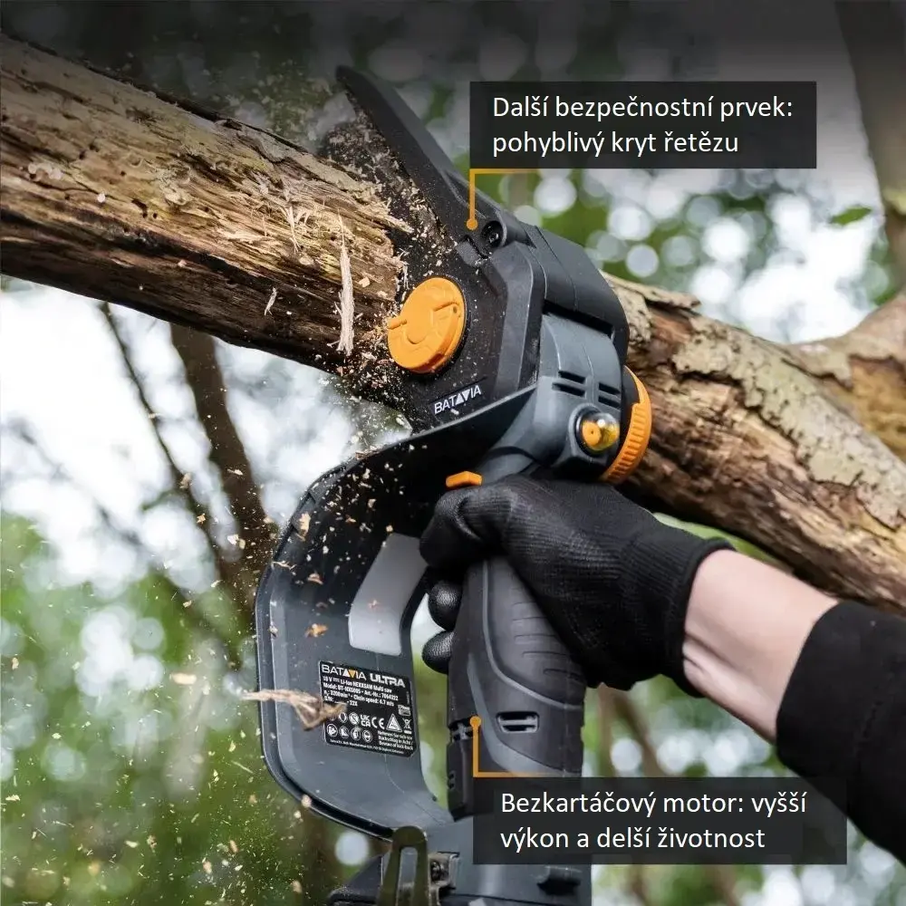 AKU elektrická řetězová pila, jednoruční AKU pilka na větve 18V Li-Ion, bezuhlíkový motor, délka lišty 180mm, hloubka řezu 150mm, bez baterie a nabíječky, bateriová platforma MAXXPACK, NEXXSAW ULTRA V3.2 BATAVIA