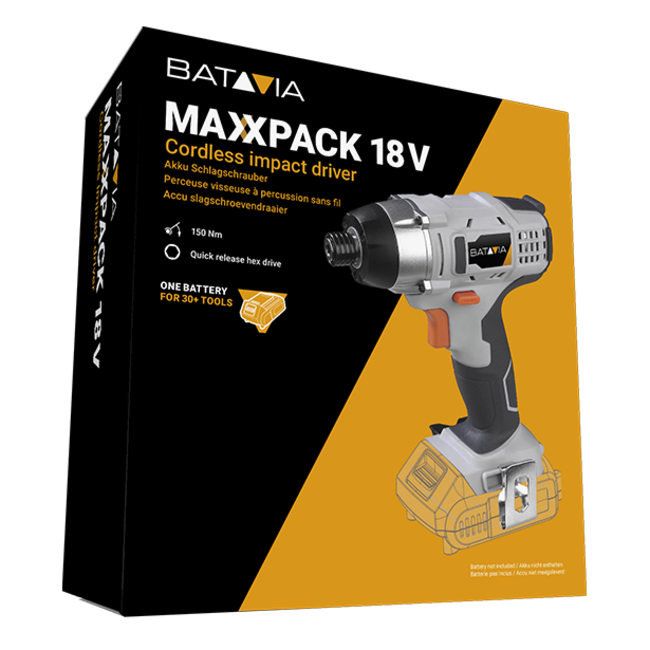 AKU bezdrátový, rázový utahovák, 2200/3000 otáček/rázů za min., kroutící moment 150 Nm, 18V Li-Ion, bez baterie a nabíječky, bateriová platforma MAXXPACK BATAVIA