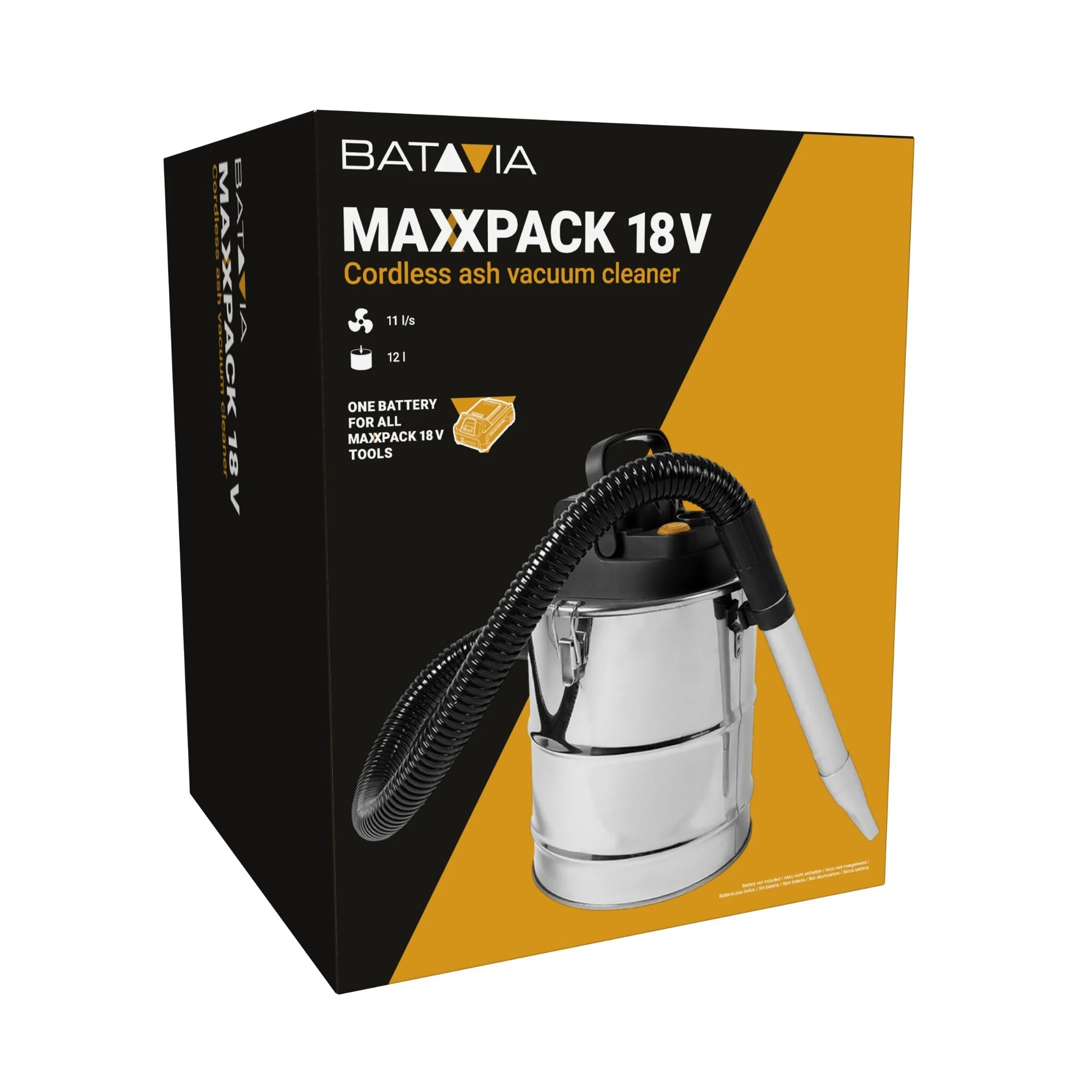 Aku bezdrátový vysavač popela, 18V Li-Ion, sací výkon/výkon motoru 30/140W, sací podtlak 9 kPA, 12 l, bez baterie a nabíječky, bateriová platforma MAXXPACK BATAVIA