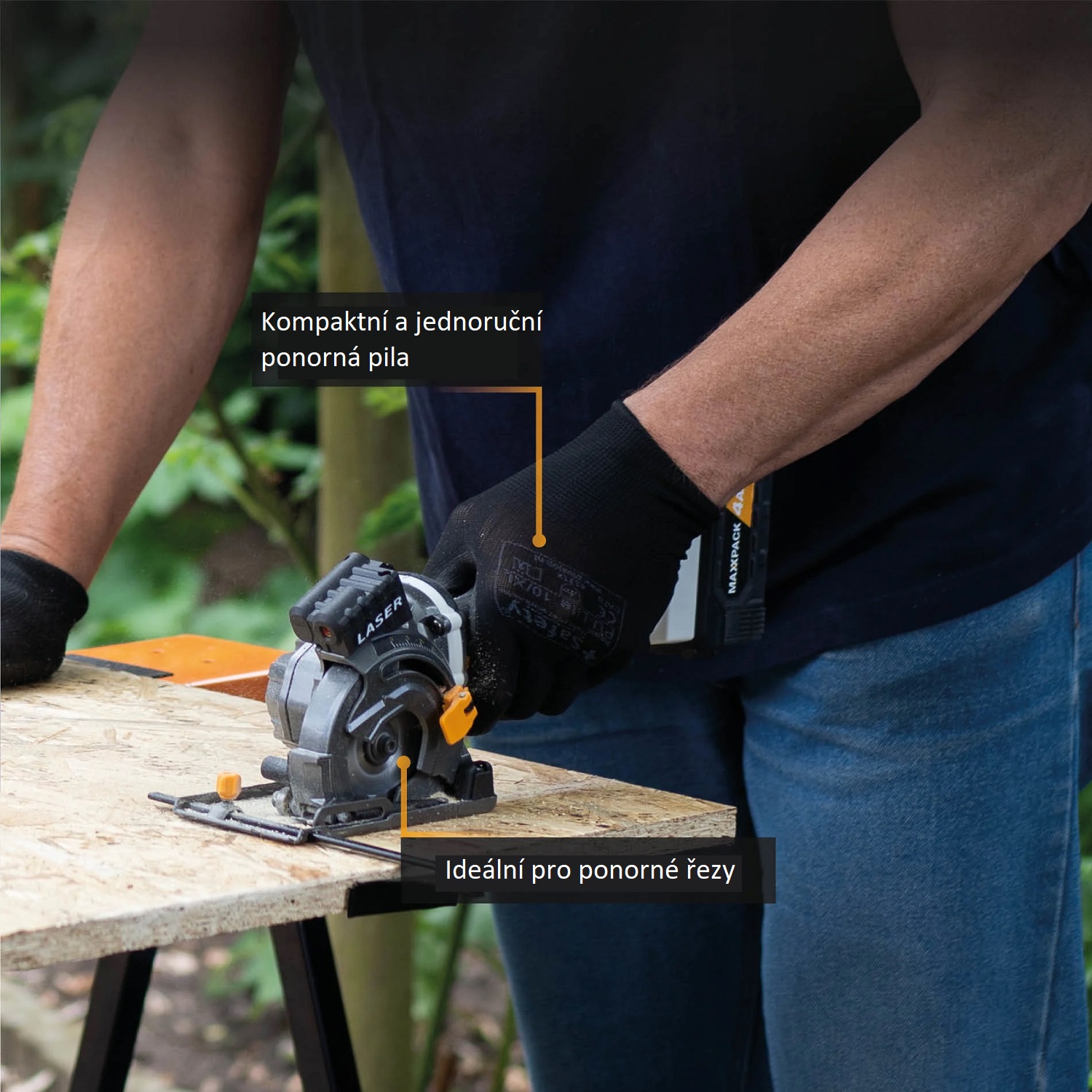 Aku bezdrátová, jednoruční, mini kotoučová ponorná pila s laserem, 18V Li-Ion, bez baterie a nabíječky, bateriová platforma MAXXPACK BATAVIA