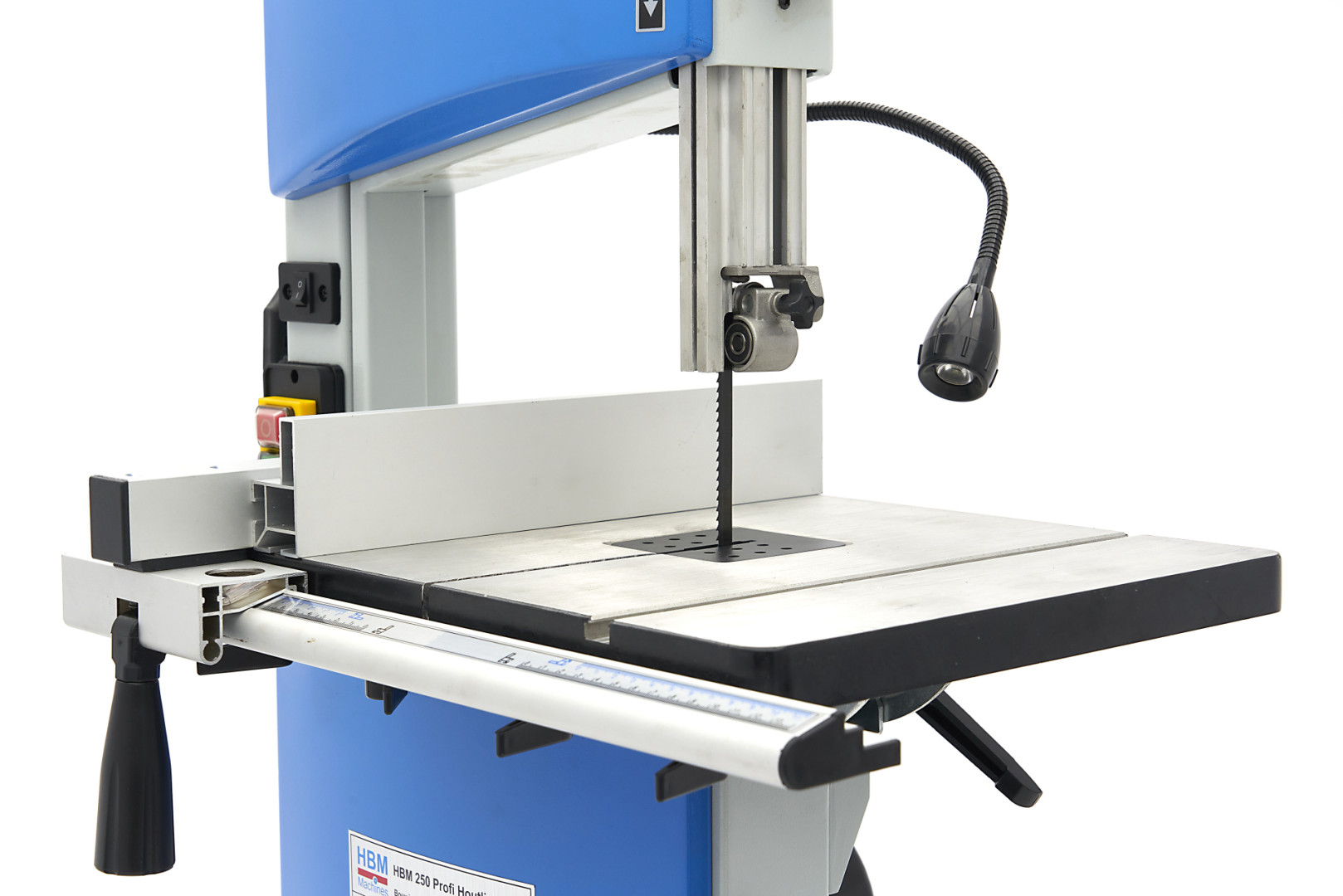 Profesionální pásová pila na dřevo HBM 250 s naklápěcím stolem a LED světlem