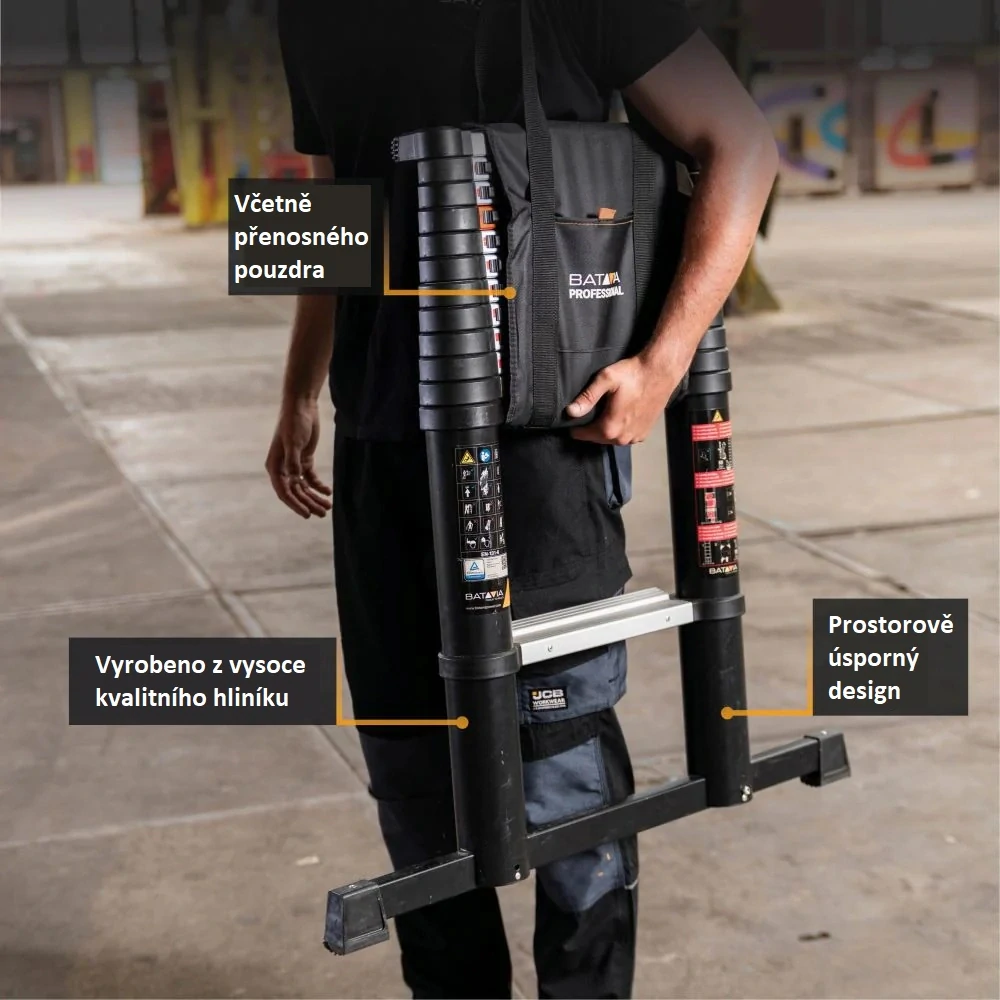 Hliníkový žebřík teleskopický, profesionální, kvalitní zpracování, délka žebříku 4,15 m, s indikátorem úhlu, max. pracovní výška 5,18 m, 14 příček, nosnost 150 kg, BATAVIA