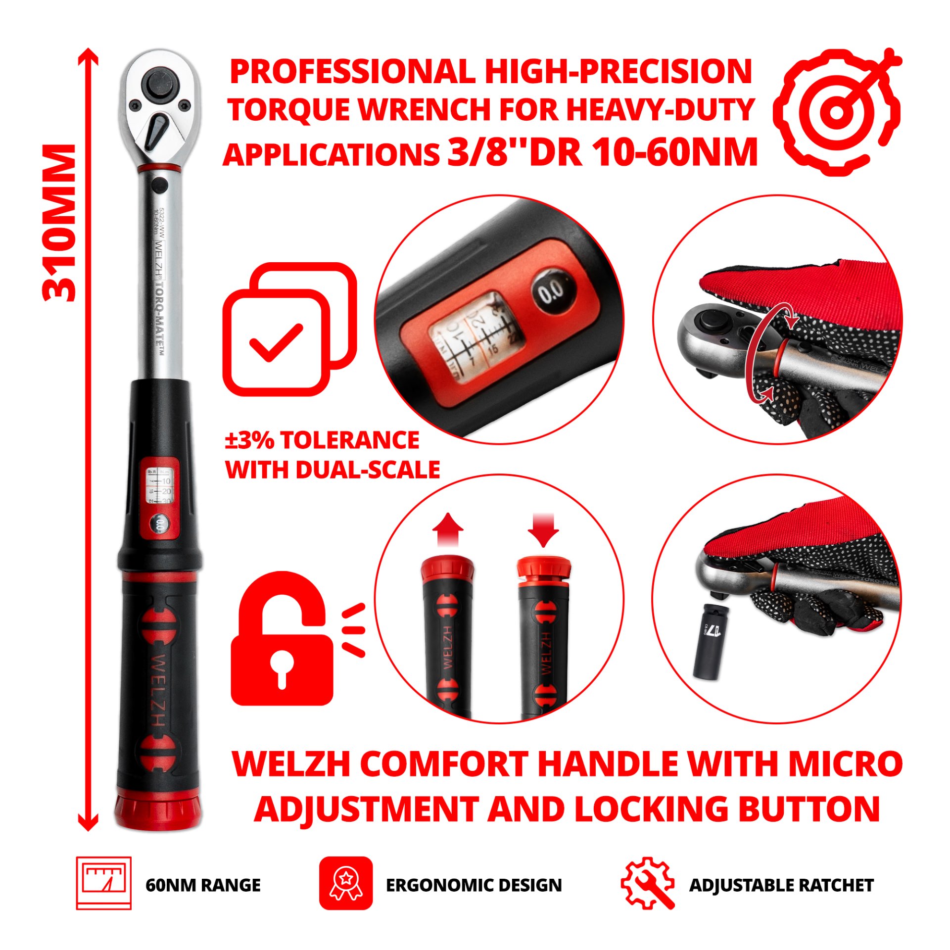 Momentový klíč ''Torq-Mate'', 3/8'', 10-60 Nm, Welzh