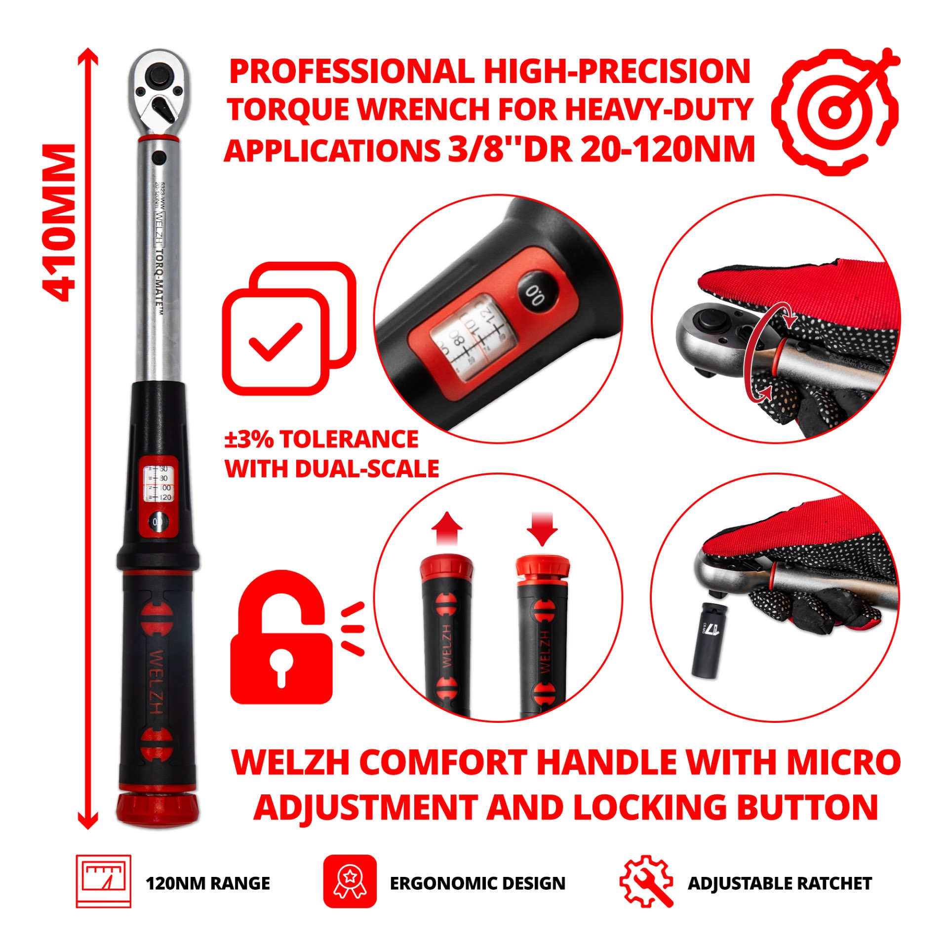 Momentový klíč ''Torq-Mate'', 3/8'', 20-120 Nm, Welzh