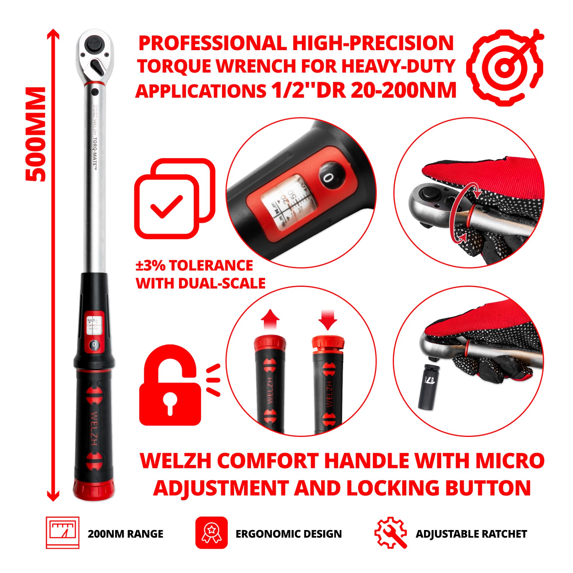 Momentový klíč ''Torq-Mate'', 1/2'', 20-200 Nm, Welzh