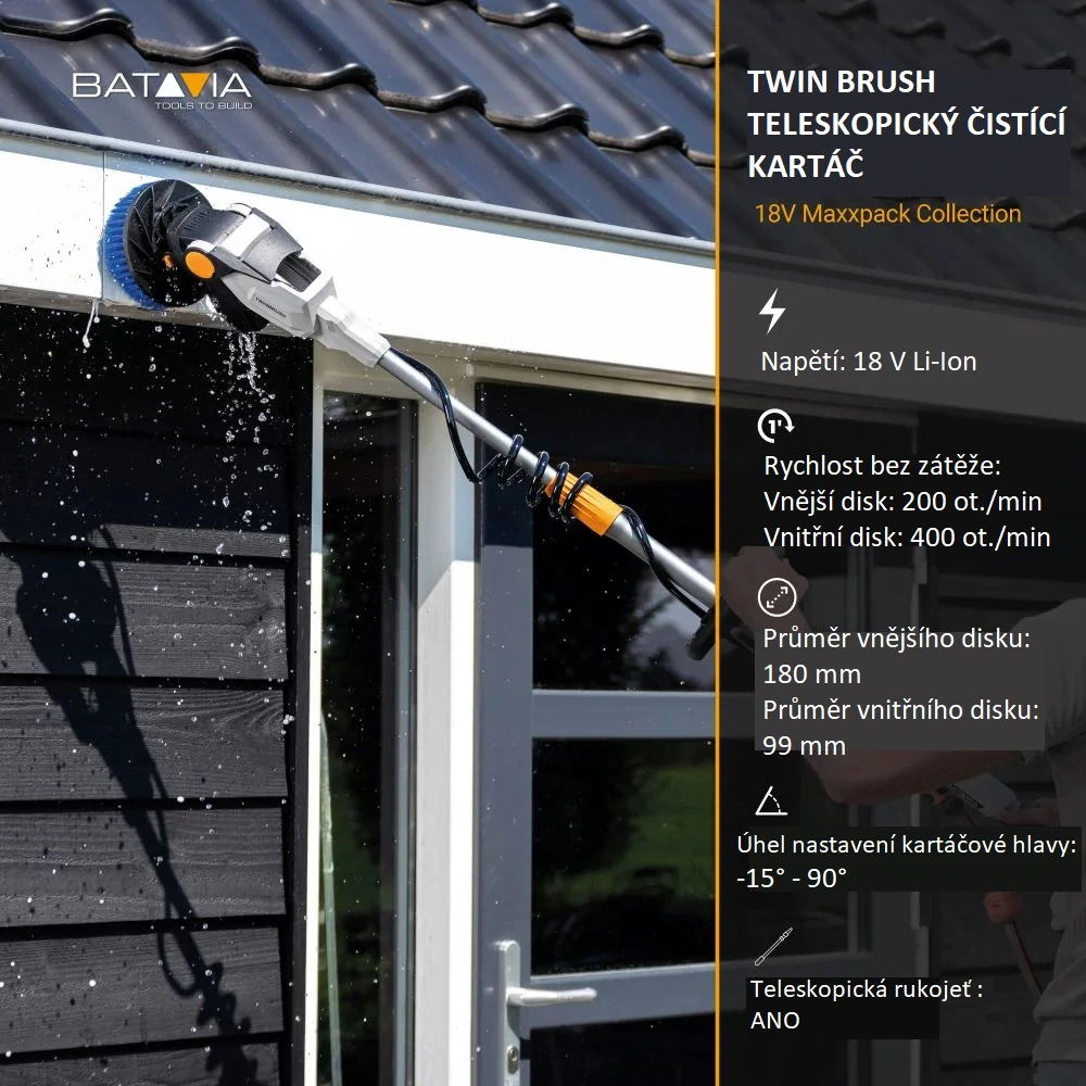 AKU rotační čistící kartáč TWIN BRUSH na všechny druhy povrchů, teleskopický 1,35 - 1,8 m, kartáč na čištění solárních panelů a bazénů, 18V Li-Ion, bez nabíječky a baterie, bateriová platforma MAXXPACK BATAVIA