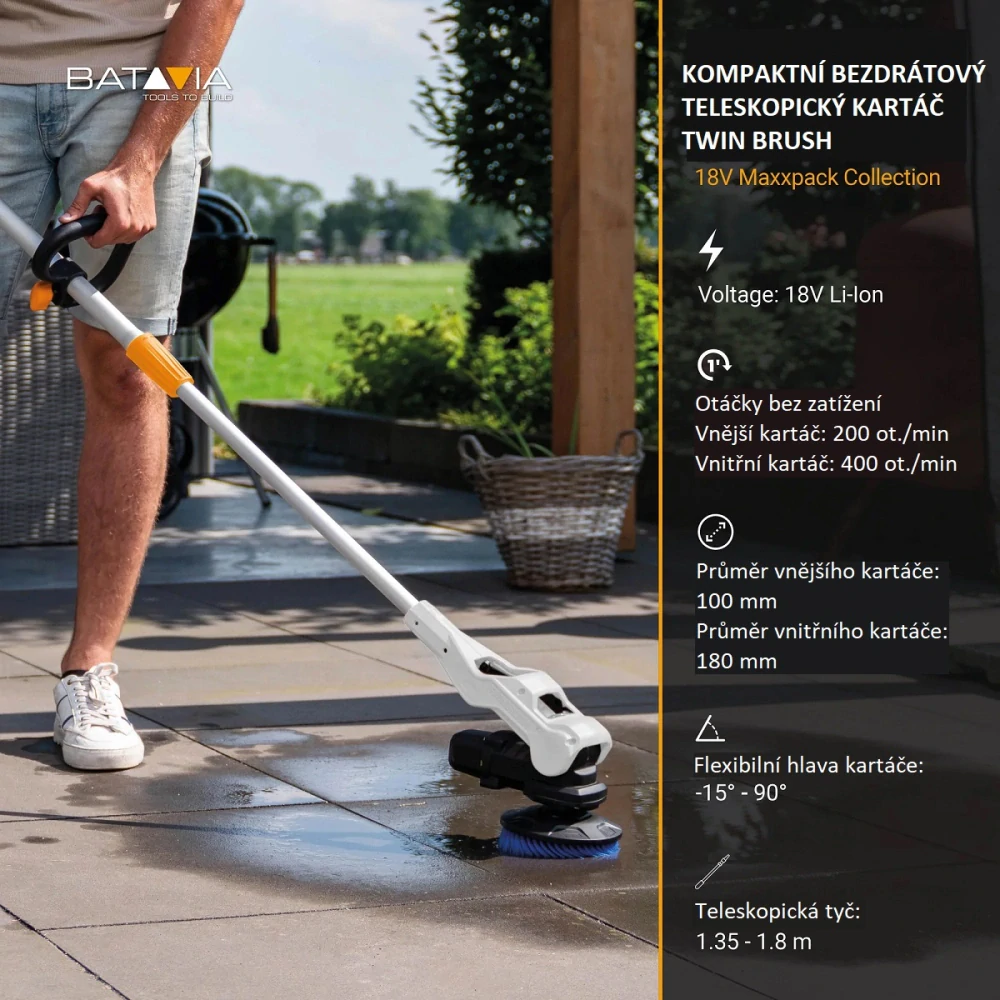 AKU rotační čistící kartáč TWIN BRUSH na všechny druhy povrchů, teleskopický 1,35 - 1,8 m, na čištění teras, chodníků, domů, aut, 18V Li-Ion, bez baterie a nabíječky, bateriová platforma MAXXPACK BATAVIA