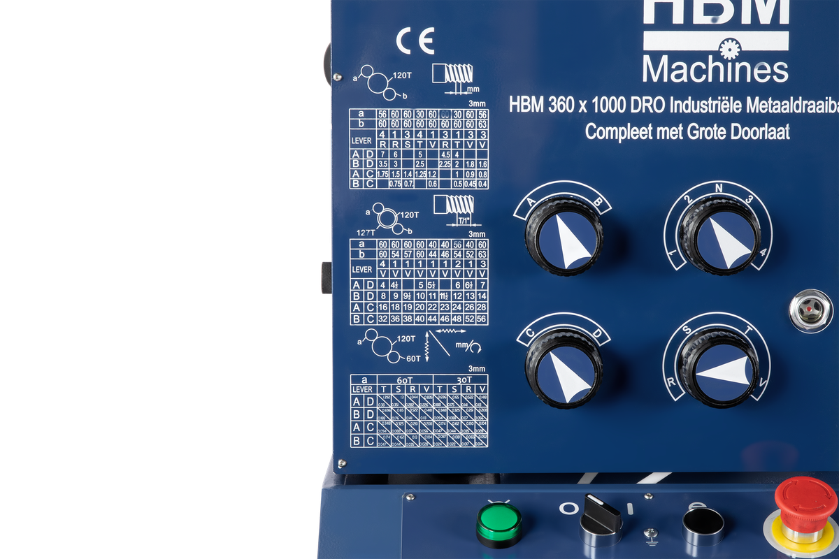 HBM 360 x 1000, profesionální hrotový soustruh na kov, vrtání osy vřetene 50 mm, 3 převodovky v oleji, 3-osé digitální odměřování s LCD, plně vybavený, motor 1.5 kW, 230 V, 650 kg