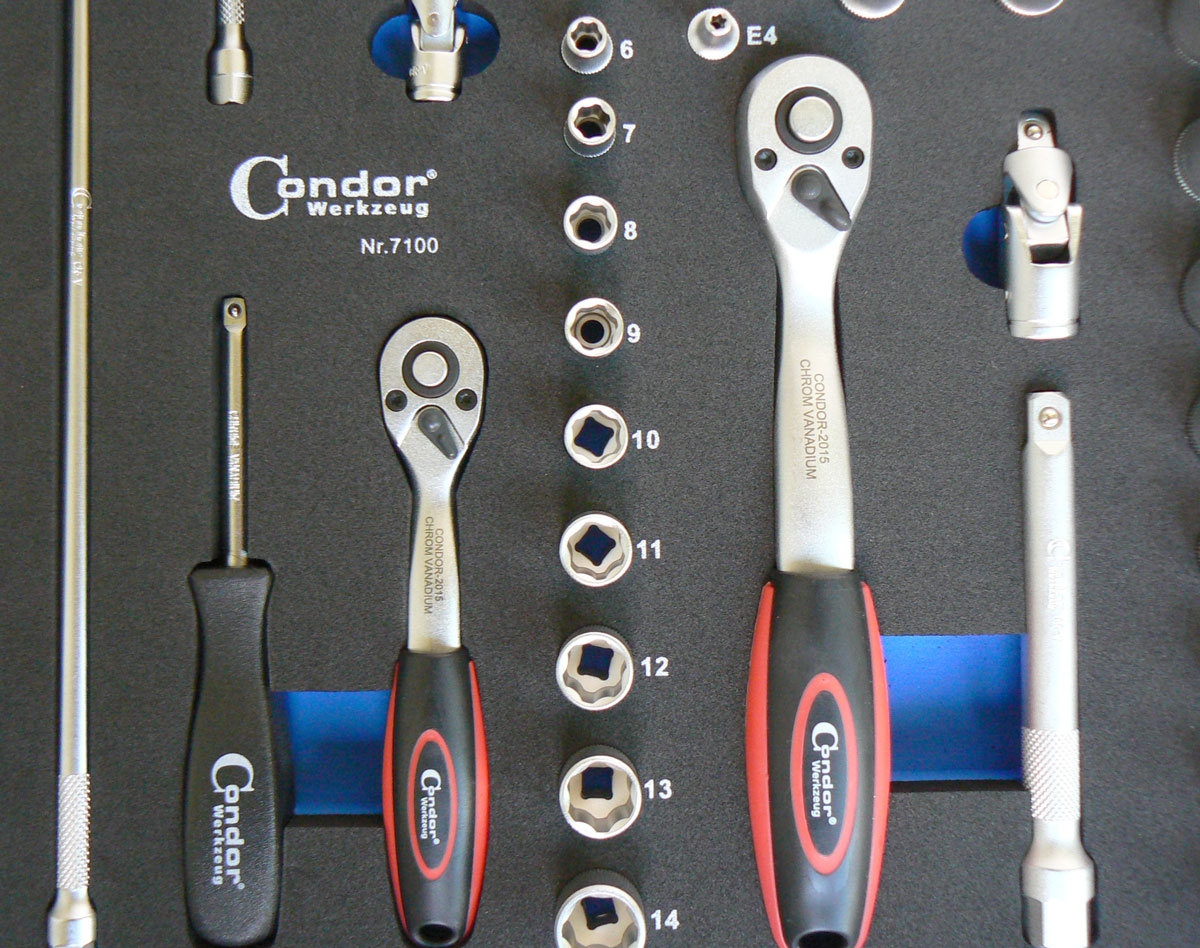 Modul gola sada 1/4, 3/8, 1/2“, 85 dílů, 565 x 395 x 35 mm, Condor Werkzeug