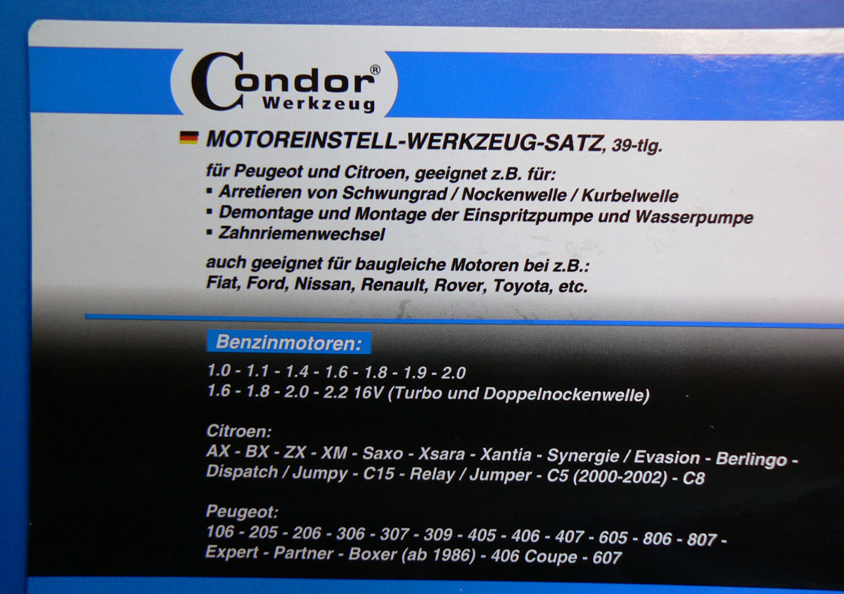 Aretační přípravky na rozvody Peugeot a Citroen, sada 36 dílů, Condor Werkzeug