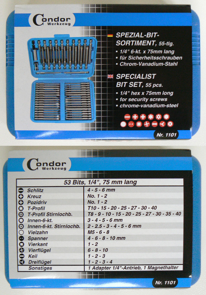 Bity 1/4", PL-PH-PZ - Inbus - Torx - Robertson, CrV, sada 55 dílů, Condor Werkzeug