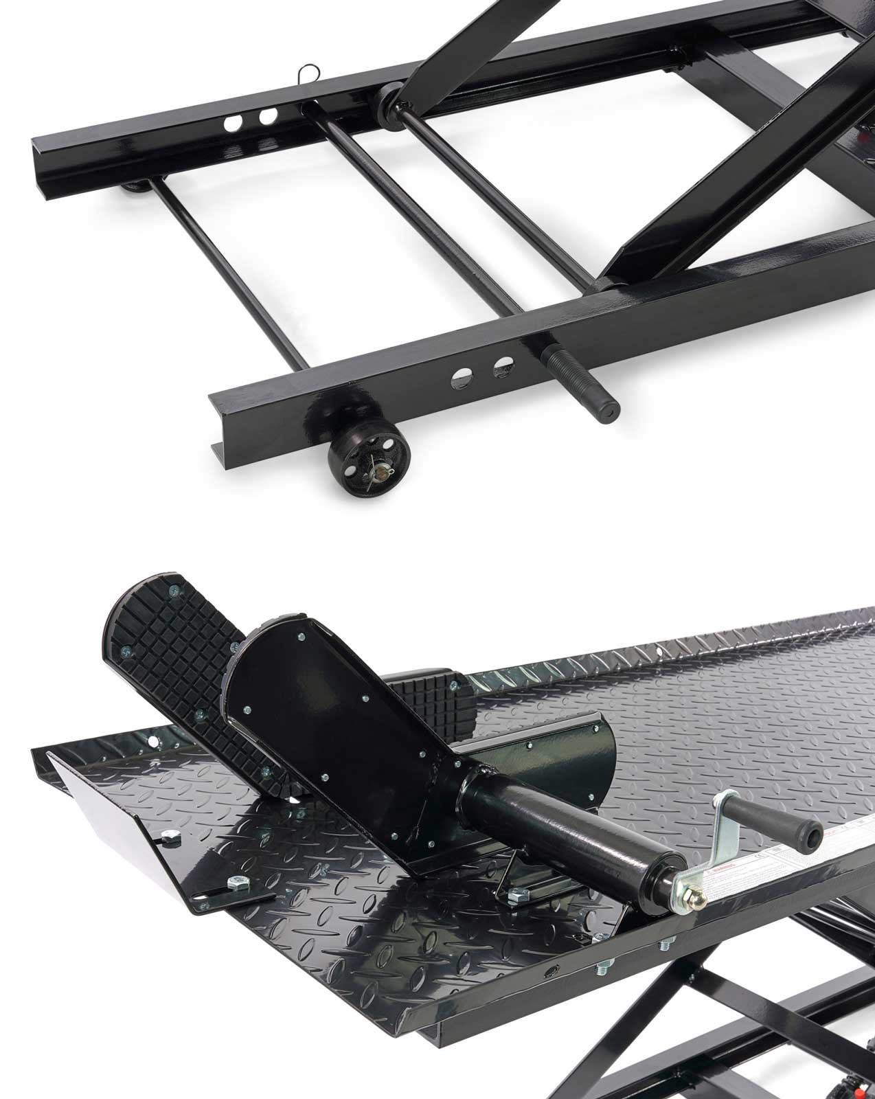 Hydraulický motocyklový zvedák 200, zvednutí až 450 kg, hmotnost 130 kg, černý