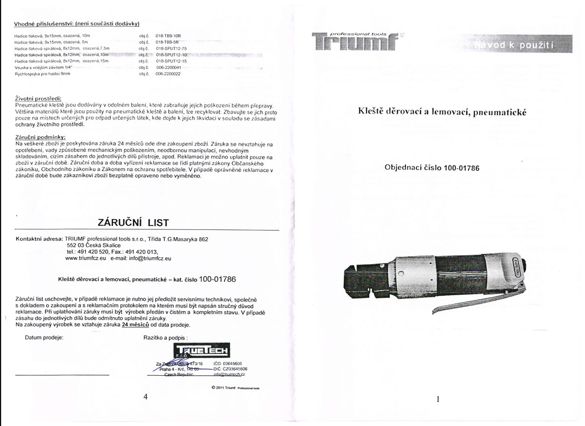 Kleště pneumatické falcovací, děrovací, Triumf