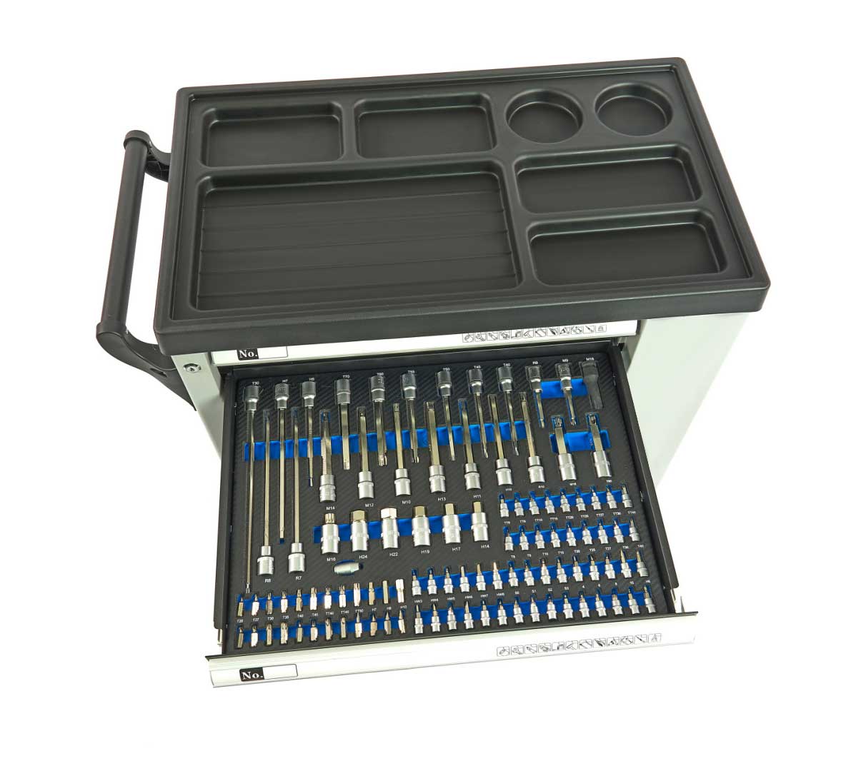 Pojízdný vozík s nářadím - Premium, 262 dílů, bržděná kolečka, skříňka, nářadí v karbonových vložkách, 75 kg