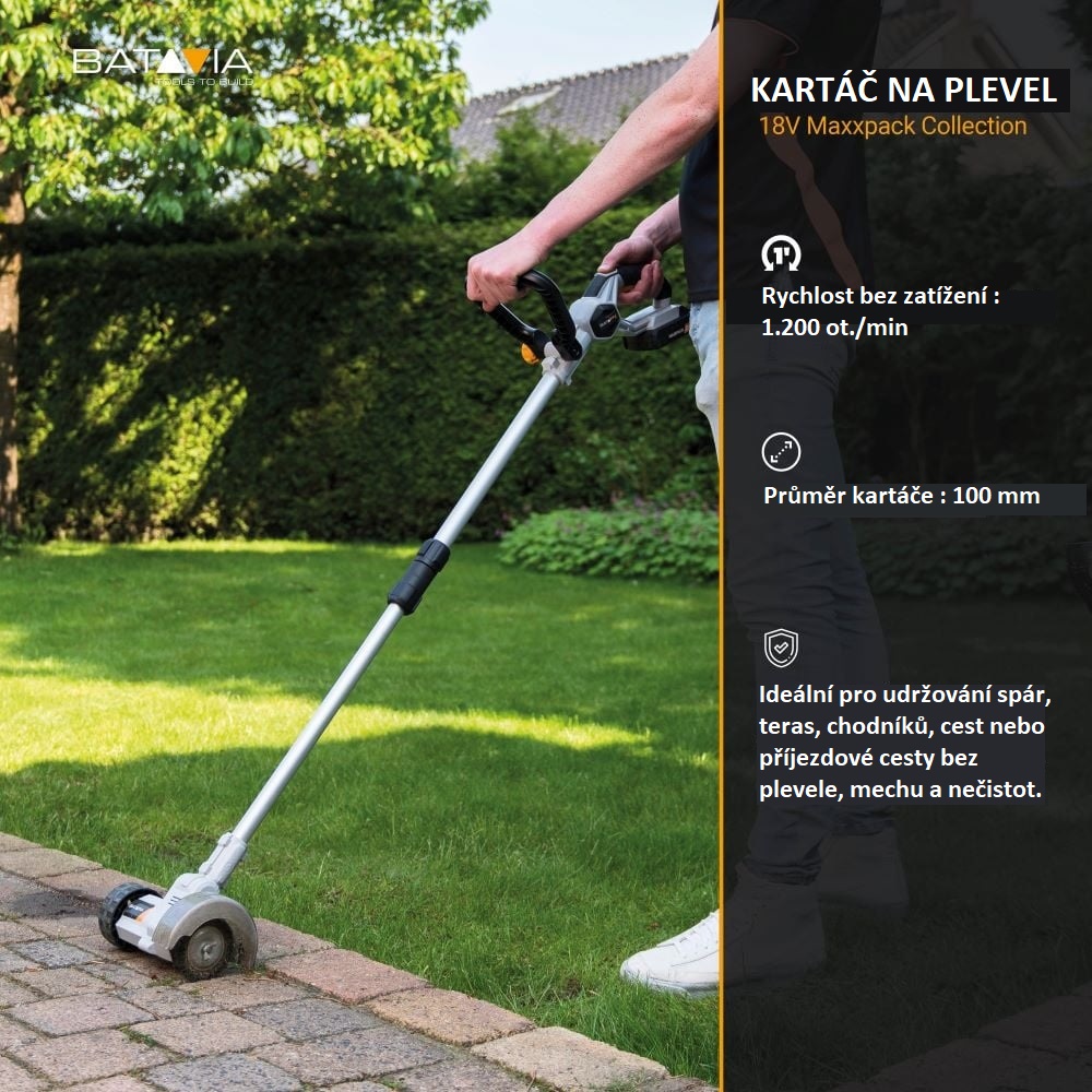 Aku bezdrátový kartáč na čištění spár, odstraňovač plevele, mechu a nečistot, 18V Li-Ion, 1200ot./min., průměr 100mm, bez baterie a nabíječky, bateriová platforma MAXXPACK BATAVIA