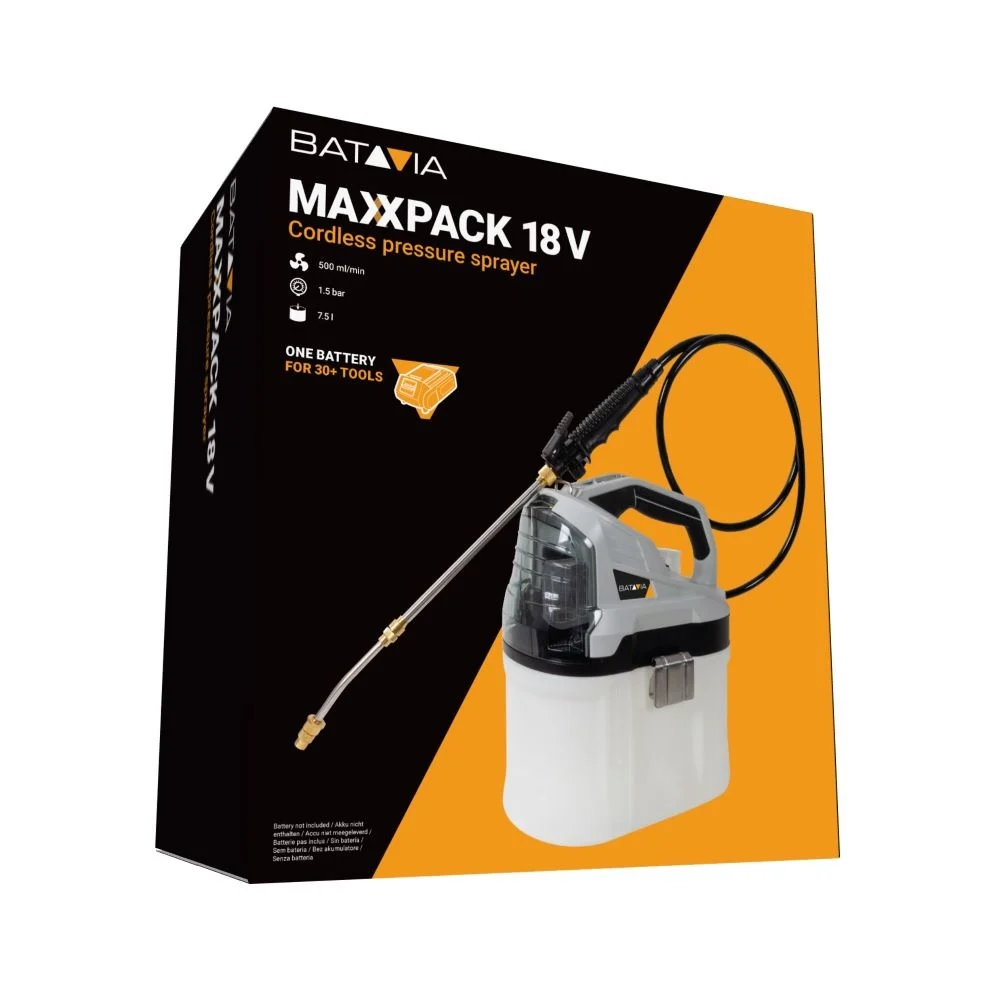 Aku bezdrátový tlakový postřikovač, 18V Li-Ion, zásobník 7,5l, 1,5bar, 500ml/min, bez baterie a nabíječky, bateriová platforma MAXXPACK BATAVIA