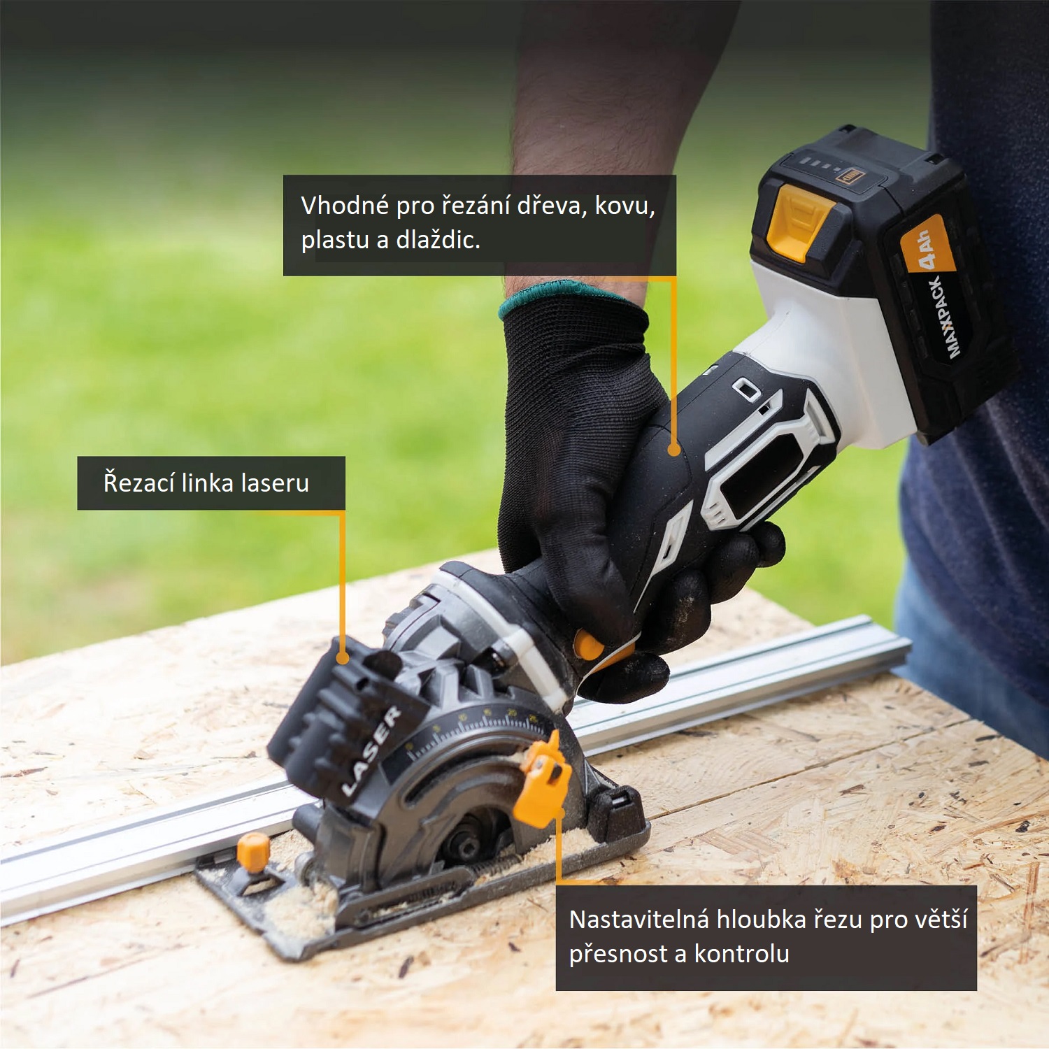 Aku bezdrátová, jednoruční, mini kotoučová ponorná pila s laserem, 18V Li-Ion, bez baterie a nabíječky, bateriová platforma MAXXPACK BATAVIA