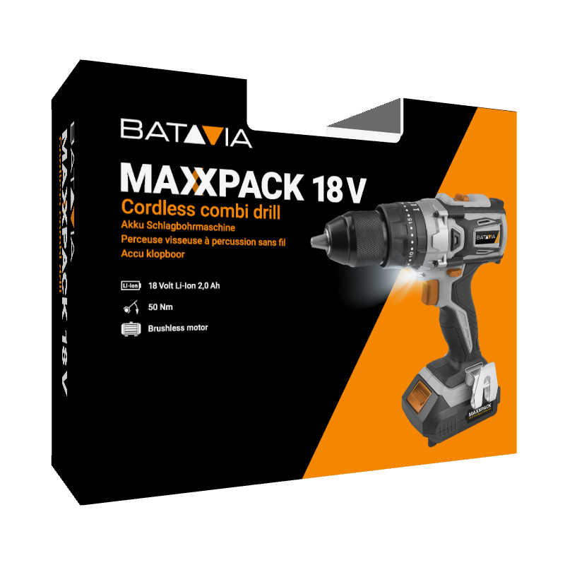 Aku bezdrátová vrtačka s příklepem a příslušenstvím, bezuhlíkový motor, 18V Li-Ion, včetně 2Ah baterie a nabíječky, bateriová platforma MAXXPACK BATAVIA
