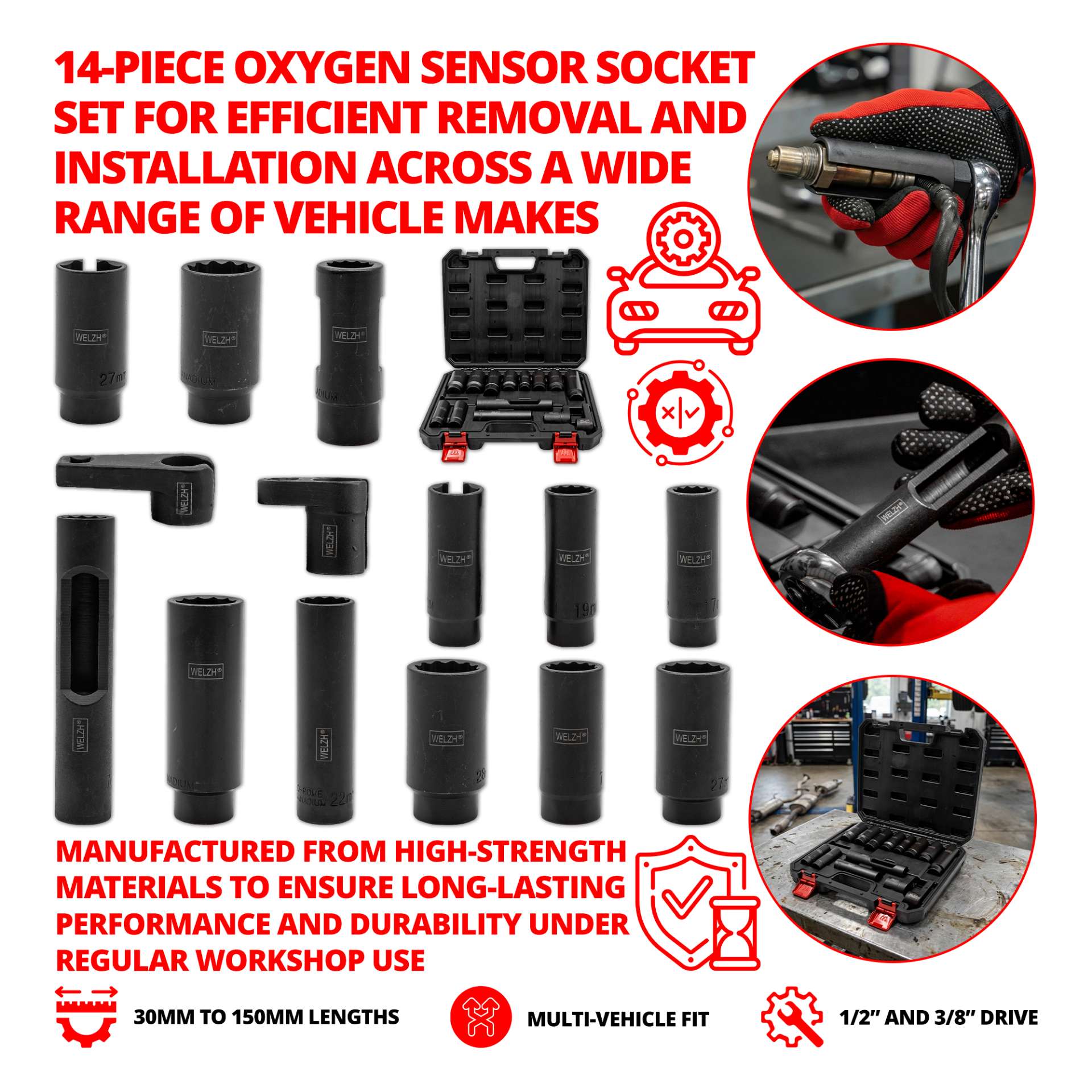 Komplexní sada nástrčných hlavic na vstřikovače, snímače a lambda sondy, sada 14 dílů, Welzh