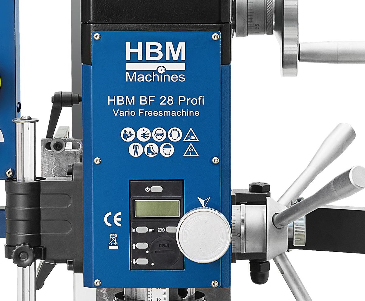 HBM BF 28 s DRO - frézka na kov, vario otáčky, 3-osé odměřování s LCD displejem, kužel MK3, 130 kg