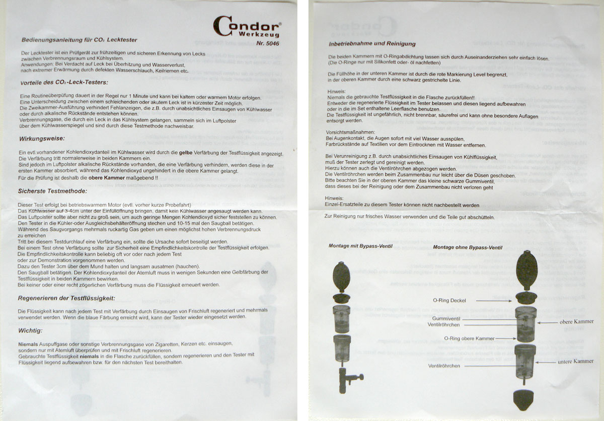 Tester těsnosti hlavy motoru na únik CO2, gumový kužel, sada, Condor Werkzeug