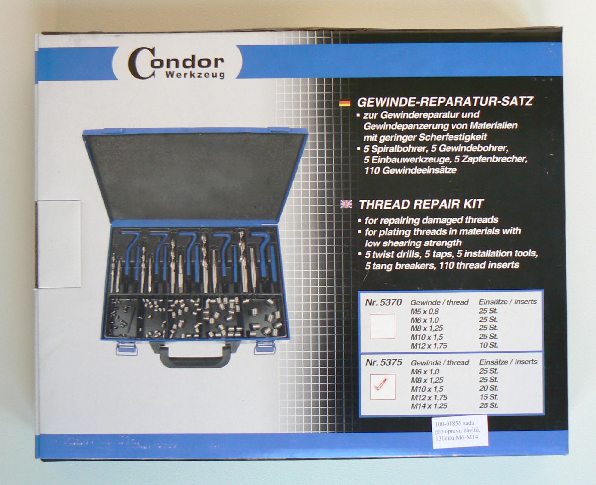 Sada na opravu závitů M6x1.0-M8x1.25-M10x1.5-M12x1.75-M14x1.25 - 130 ks, Condor Werkzeug